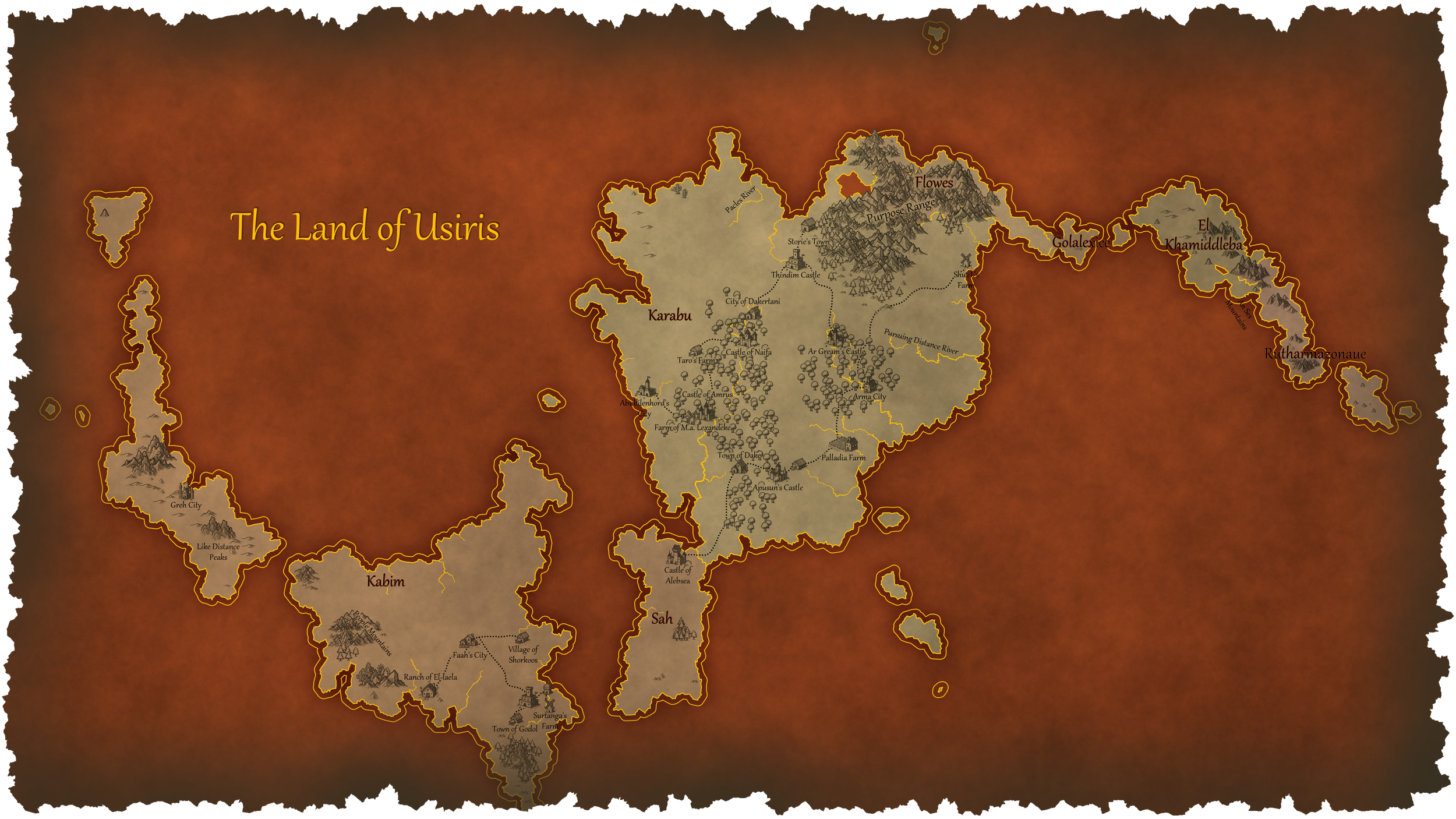A fantasy map titled 'The Land of Usiris,' showing various regions, cities, castles, mountains, farms, and rivers, with different terrain features and labeled locations.