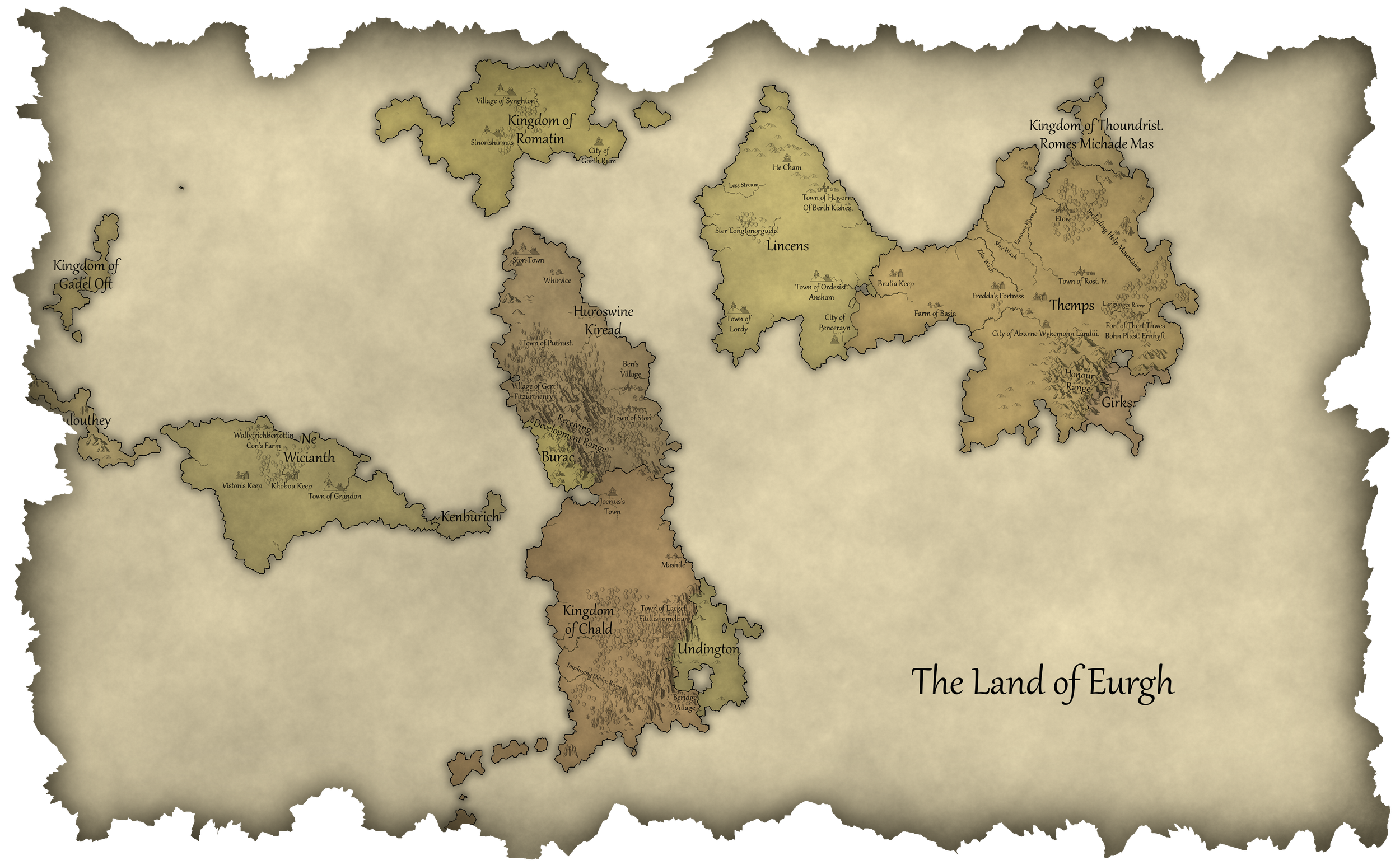 A fantasy map titled 'The Land of Eurgh' showing various kingdoms, regions, and towns with topographical details like mountains and forests.
