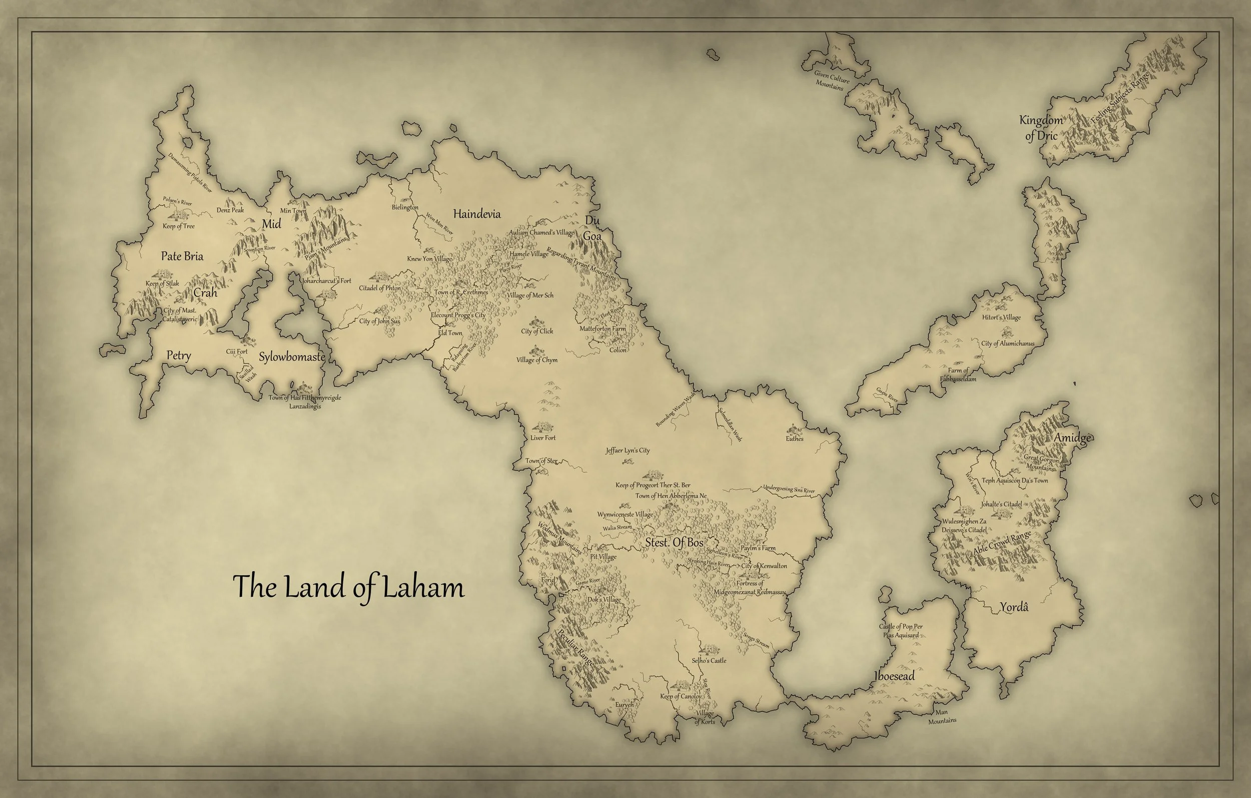 Map of the fictional Land of Laham, showing regions, cities, villages, forests, mountains, and landmarks with labeled names such as Haidevia, Diu Goa, Amideas, and Yordà.