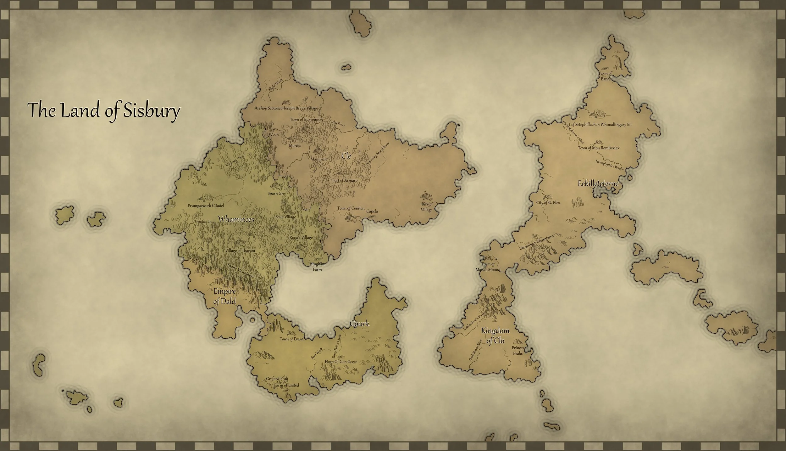 Map of the Land of Sisbury with regions such as Whaminces, Empire of Dald, Cle, and Eckilleteerne marked, featuring towns, villages, forests, mountains, and landmarks.