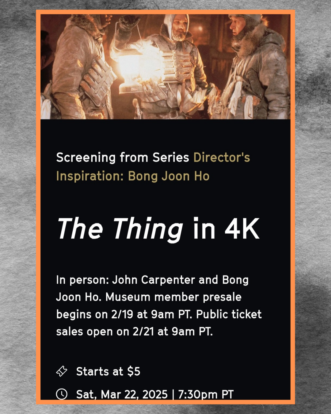 John Carpenter & Bong Joon Ho are hosting a Q&A and screening of 'The Thing' in LA and tickets go on sale tomorrow at 9am