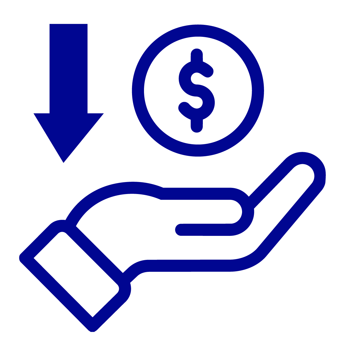 hand with decreasing dollar sign icon