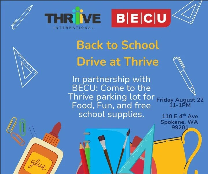 Mark your calendar for a fun end of summer party! With the support of @becu we will be hosting a back to school drive at Thrive on August 22. We will be handing out backpacks and school supplies, plus we'll have activities and food. 

If you or your 