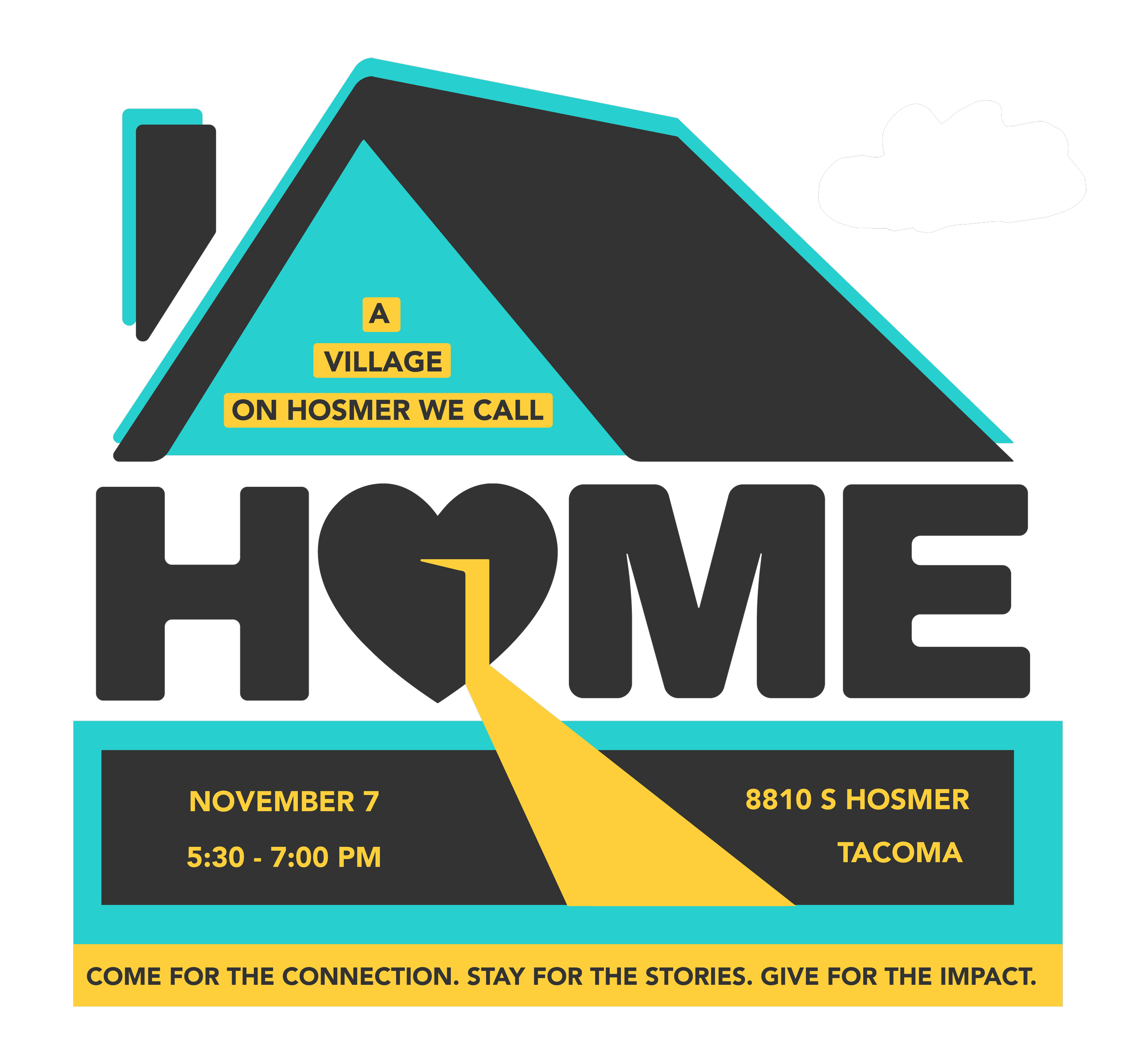 Graphic featuring a stylized landscape with mountains, a cloud, and a road leading to a village. Text on the image promotes an event on November 7 from 5:30 to 7:00 PM at 8810 S Hosmer in Tacoma, encouraging community connection and storytelling.