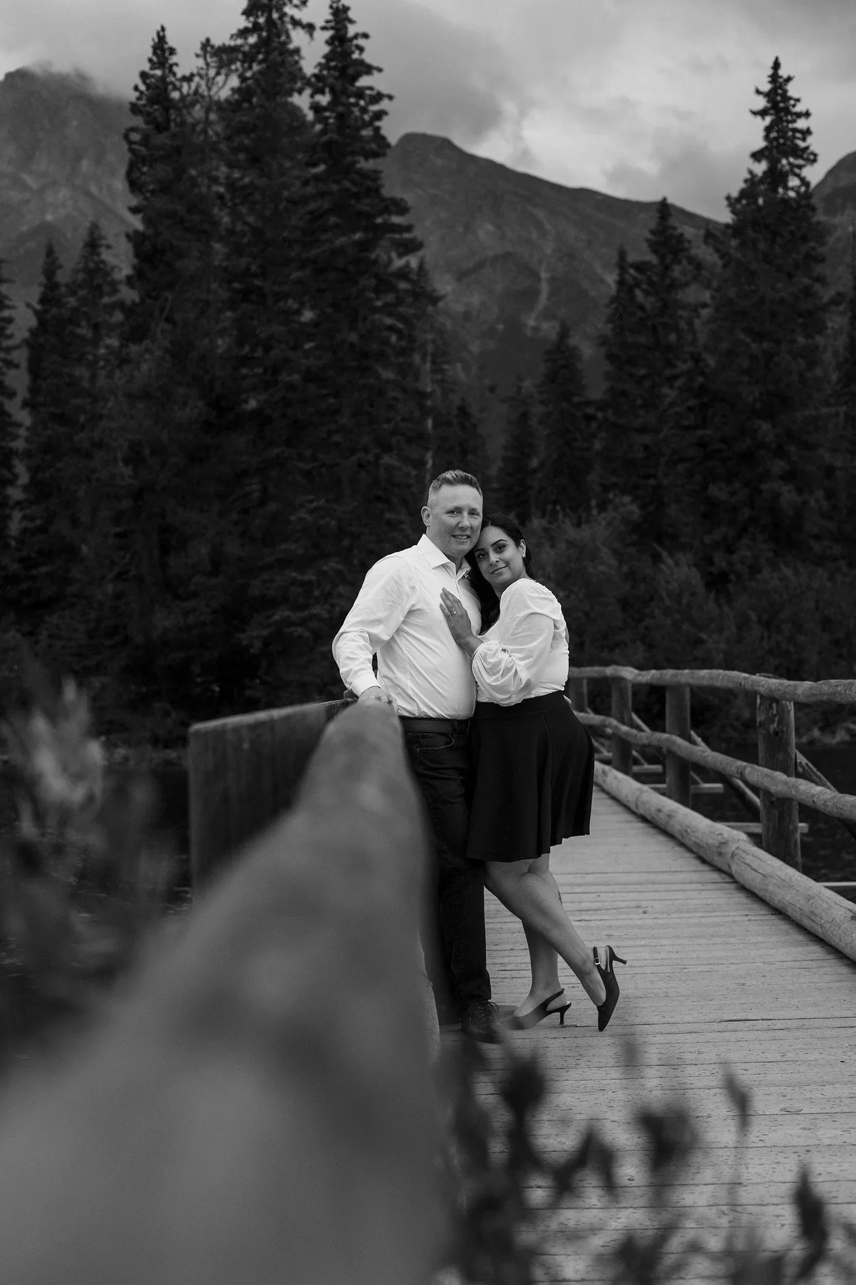 Jasper engagement photo in Black and White on bridge at Pyramid Lake 