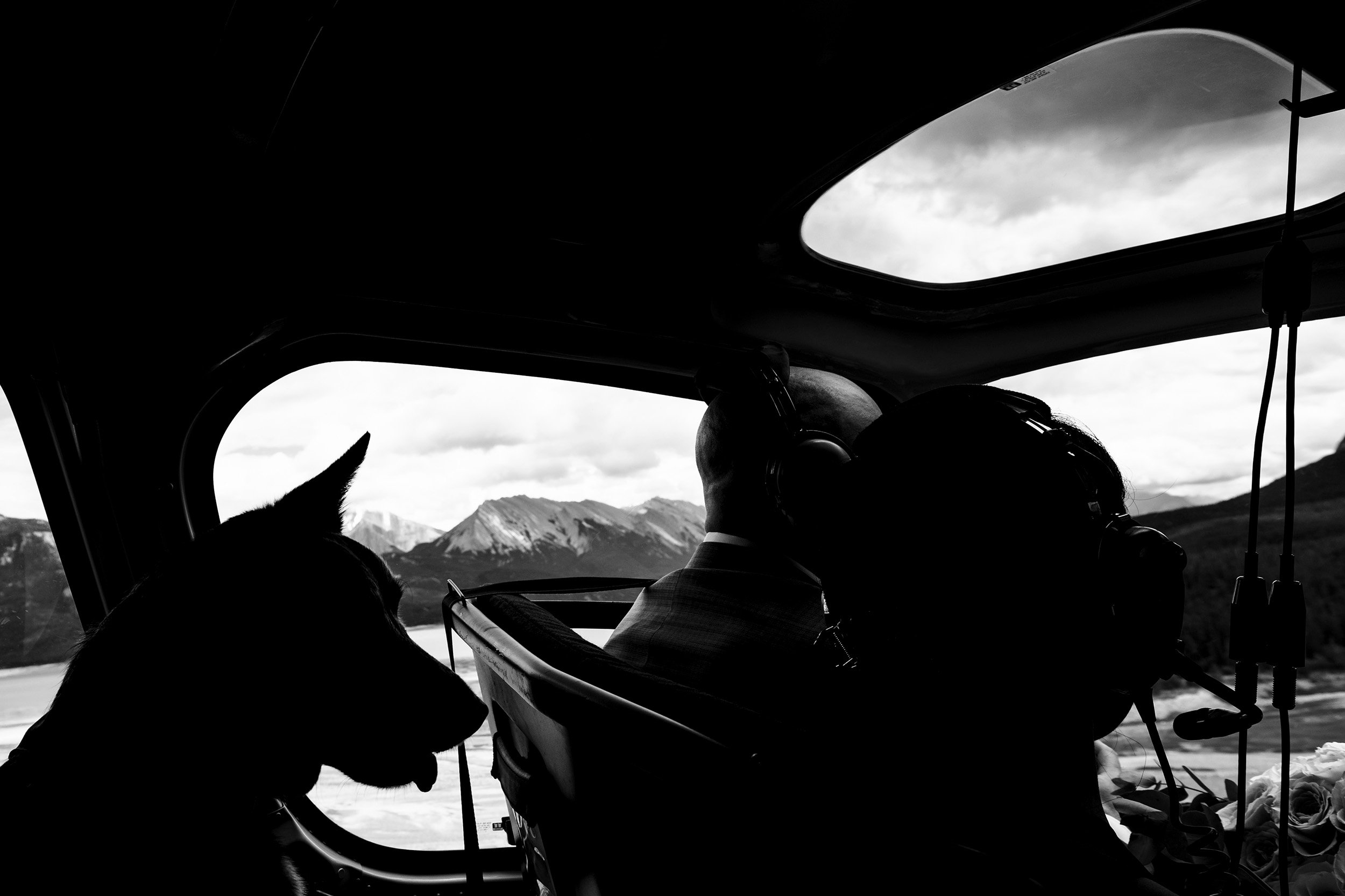 Silhouette of couple and dog flying in helicopter to elopement in the Canadian Rockies, Nordegg, Alberta 