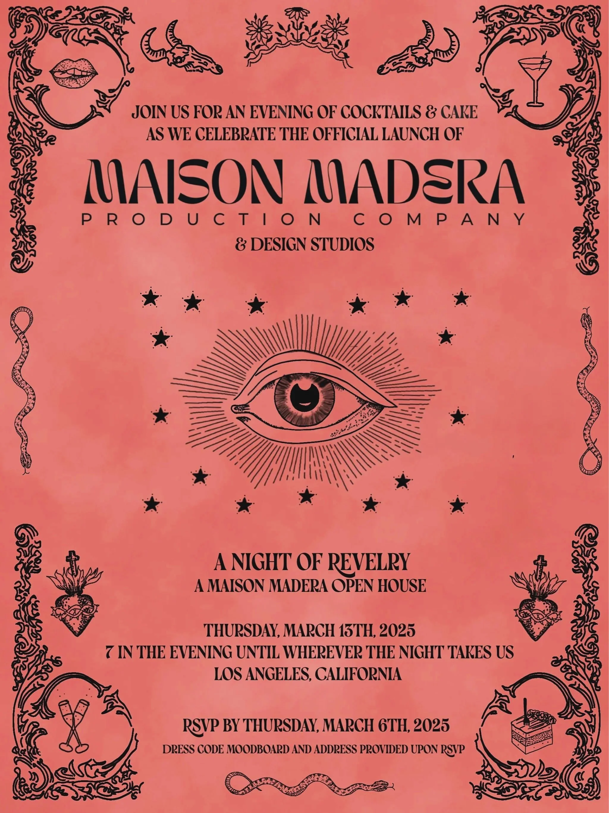 Pink invitation poster with black gothic art and text promoting a celebration event for Maison Madera Production Company, featuring an eye with a crescent moon, stars, and various occult symbols.
