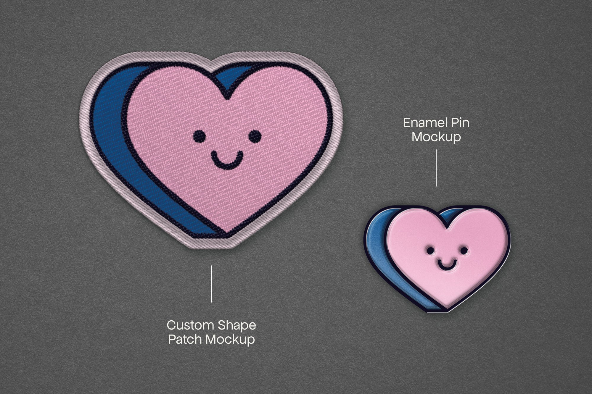 example showing a heart patch and pin mockup generator