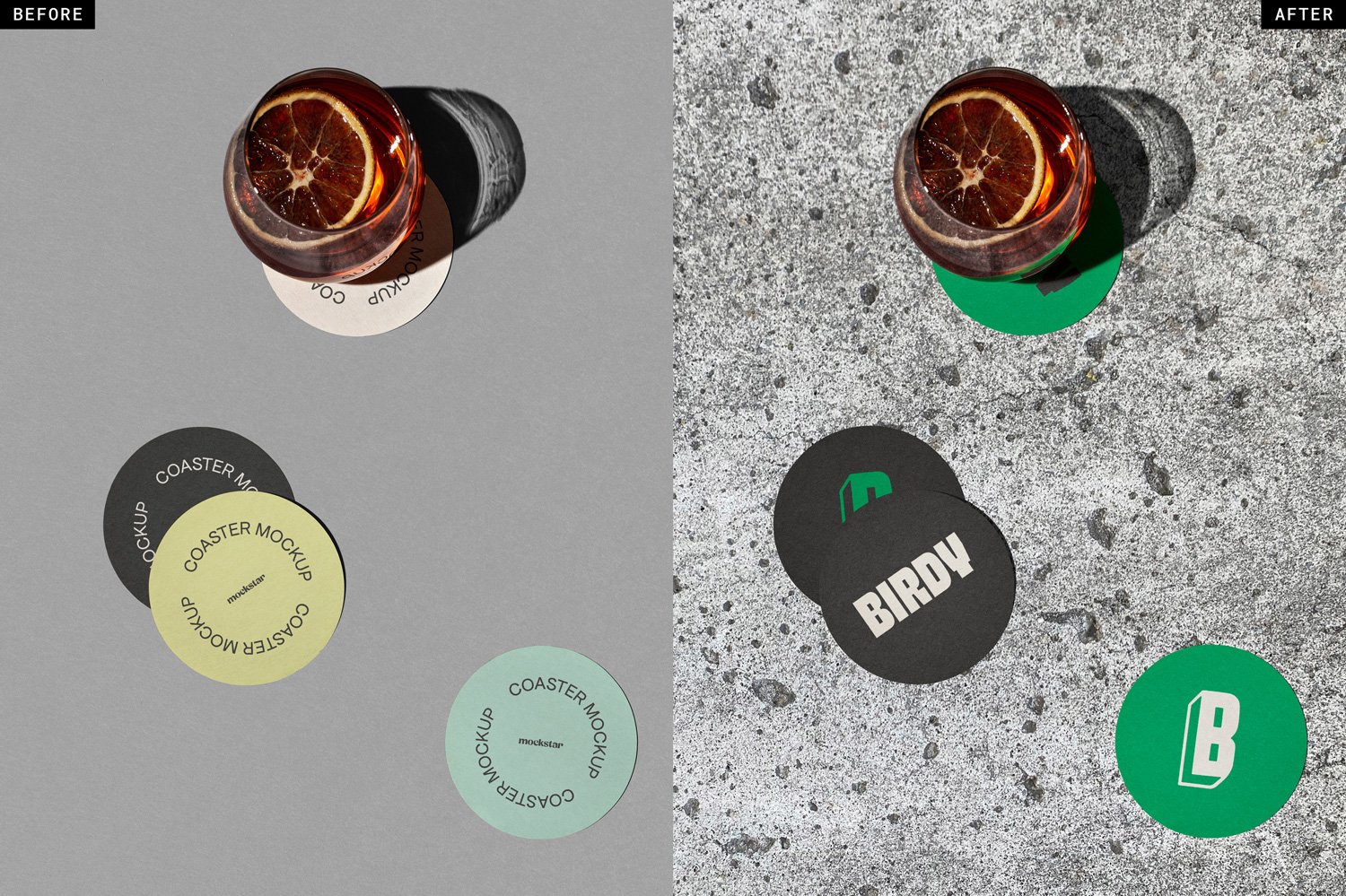 Round Coaster mockup before & after