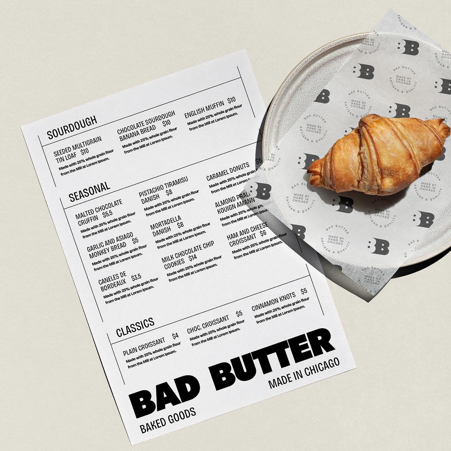 Design legends @hellogrip brought their bold vision to life using our cafe mockups for the rebrand of @badbutterchicago.
✳︎
The design result? A confident, no-fuss identity with bold type, a gritty layout, and a striking black-and-white palette, all 