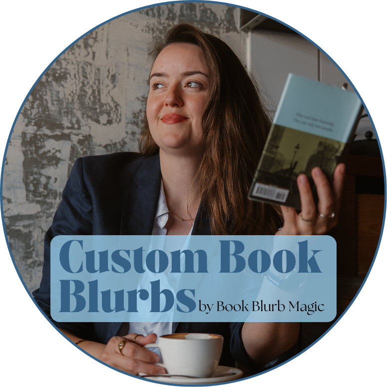 Jessie is holding a book and a mug of coffee, smiling to the side. The text reads Custom Book Blurbs by Book Blurb Magic