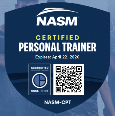 NASM Certified Personal Trainer badge with expiration date April 22, 2026, including a QR code and accreditation logo.