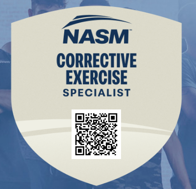 A badge with the NASM logo, titled 'Corrective Exercise Specialist,' featuring a QR code in the center.