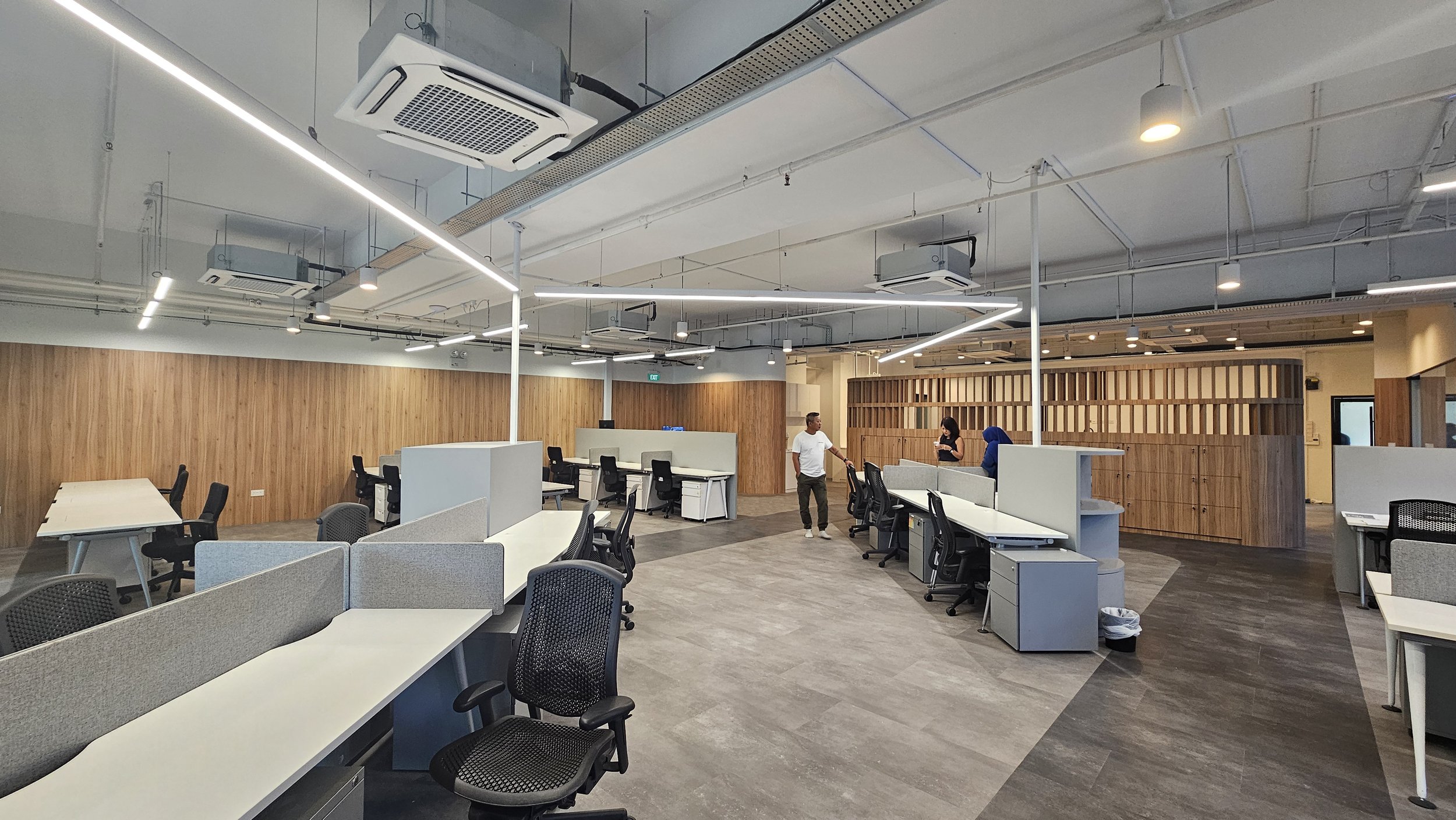 Office interior, space planning, tiered seating design feature