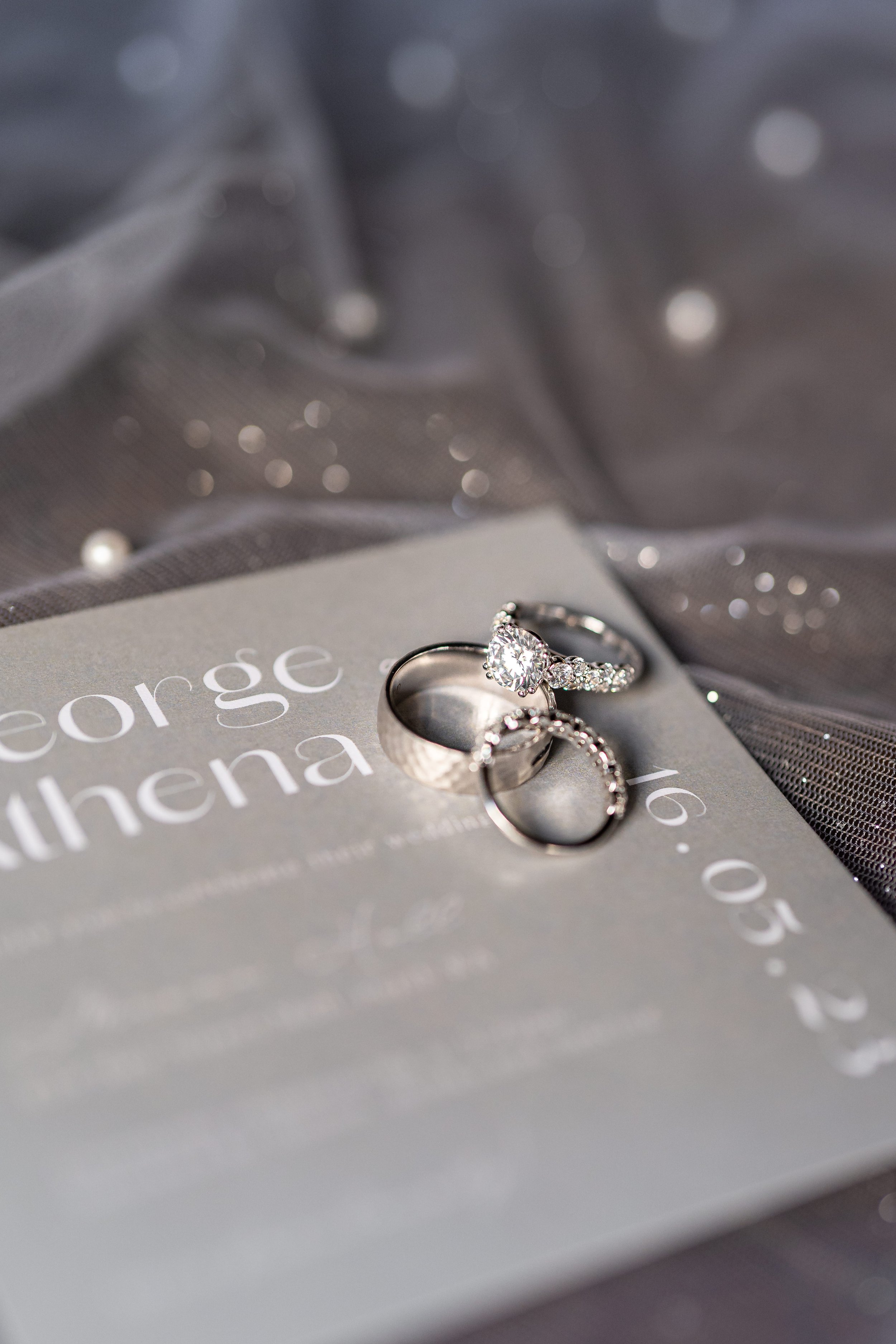 Sage Invitation, Wedding Bands, Diamond Rings, Pearl Embossed Material