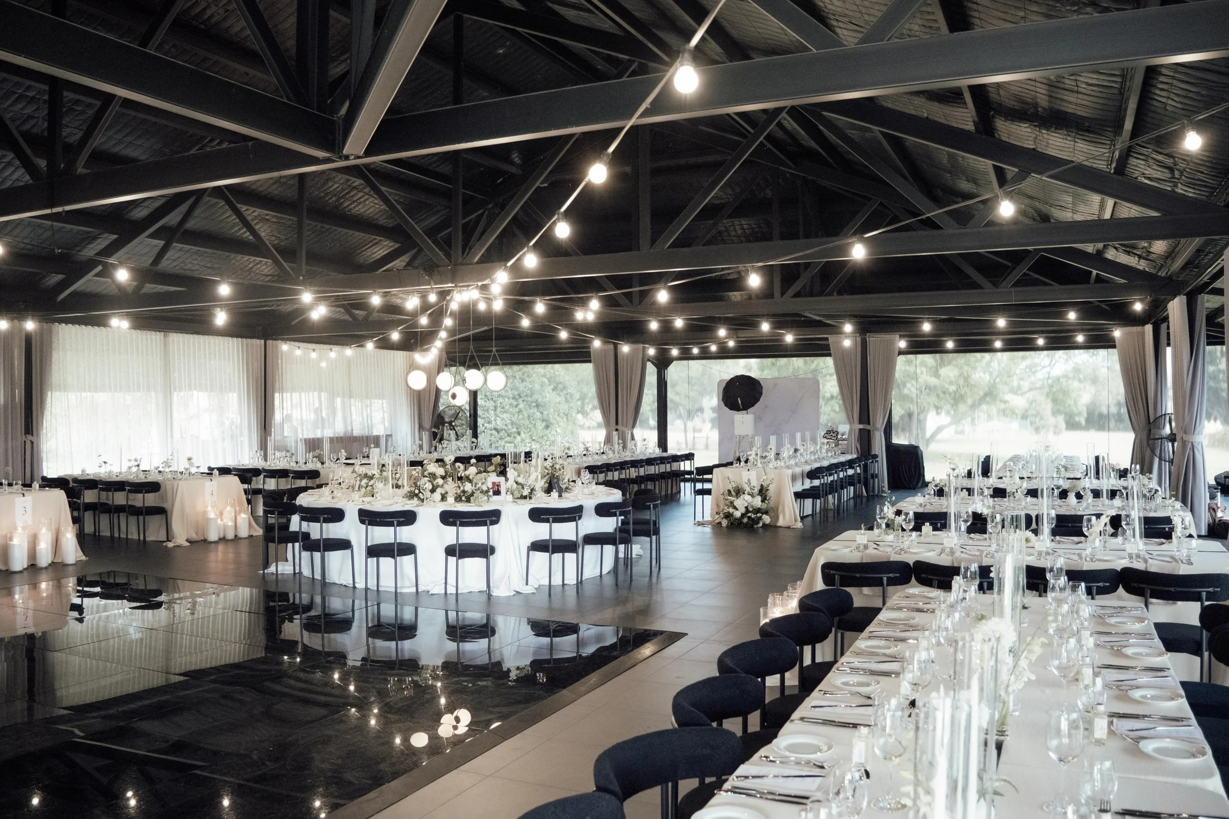 Modern wedding reception styling at Nikola Estate Pavilion by Perth wedding planner Refine Events.