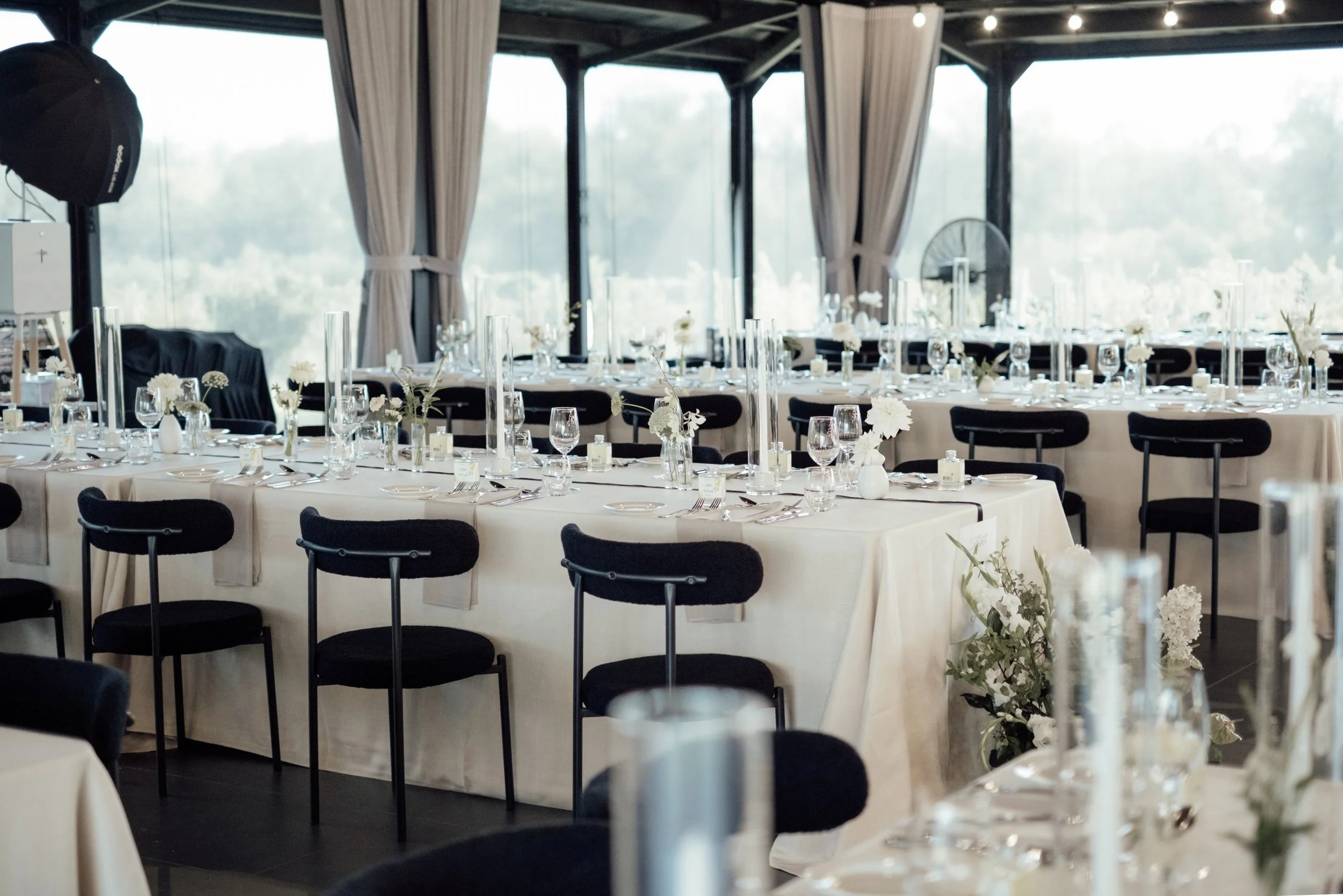 Wedding guest tables designed by Refine Events at Nikola Estate Pavilion.