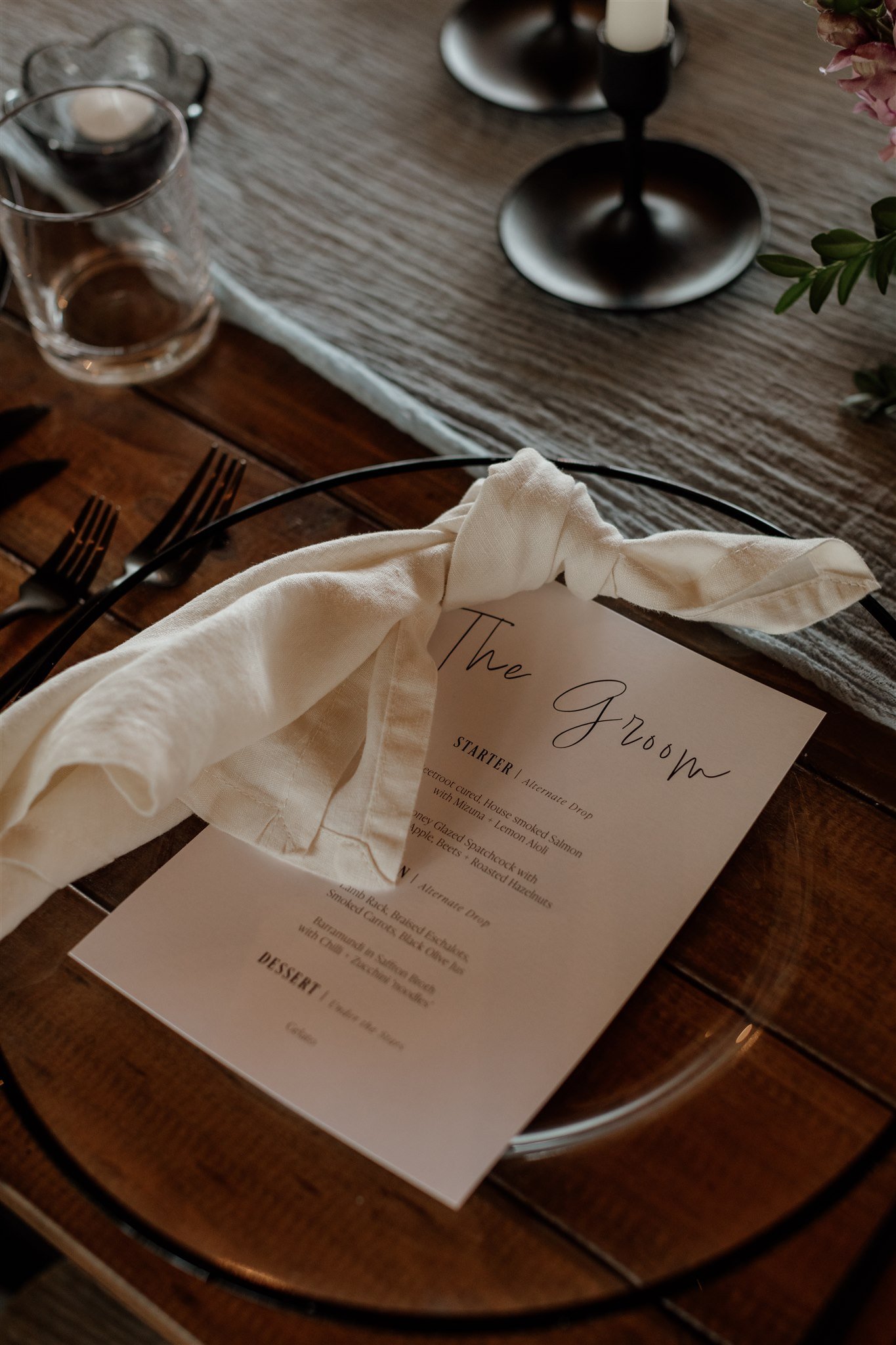 Groom wedding Place Setting Black, Perth wedding stylist