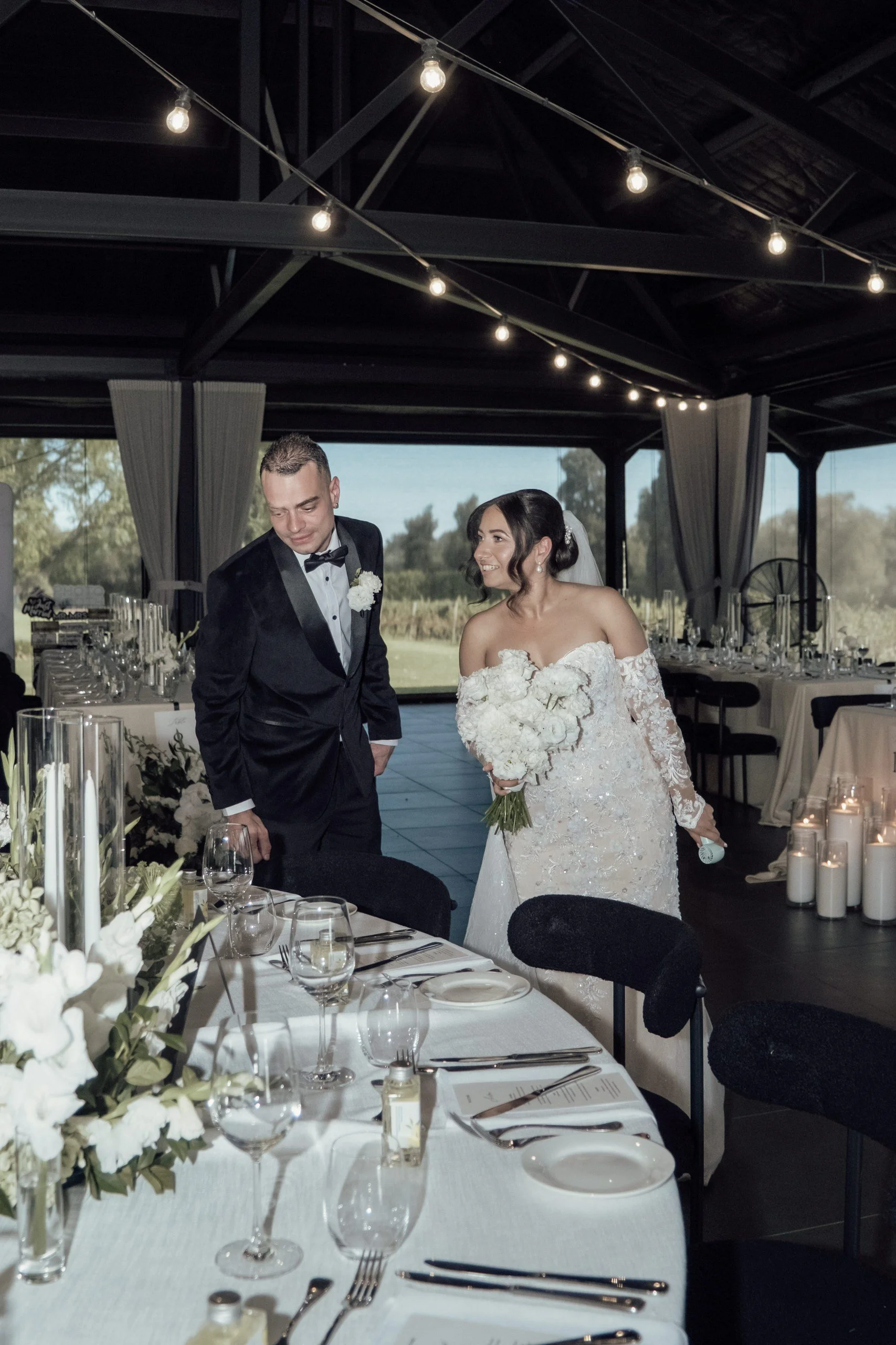 Caitlin and Michael's first reveal of their reception styling at Nikola Estate Pavilion.