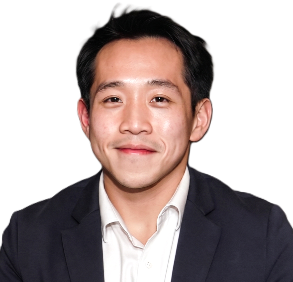 A young Asian man with dark hair, wearing a dark blazer and white shirt, smiling against a white background.