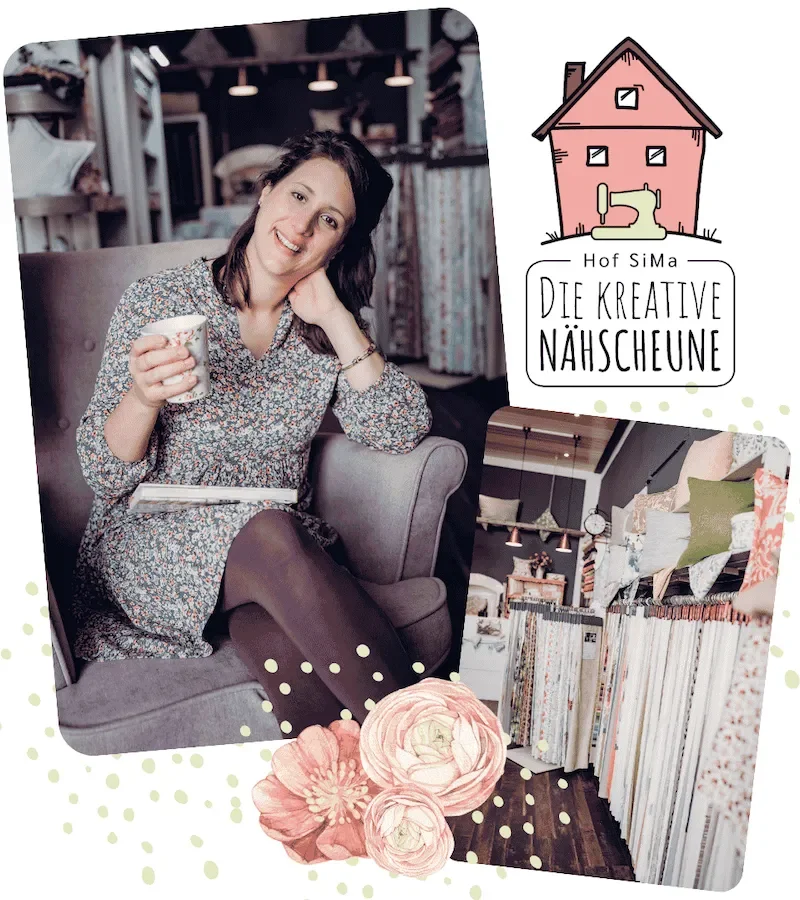 Marika Lauchs, Inhaberin der Nähscheune Hof SiMa in Bruchsal, sitzt mit einer Tasse im Sessel, daneben Logo und Blick auf die Stoffauswahl.