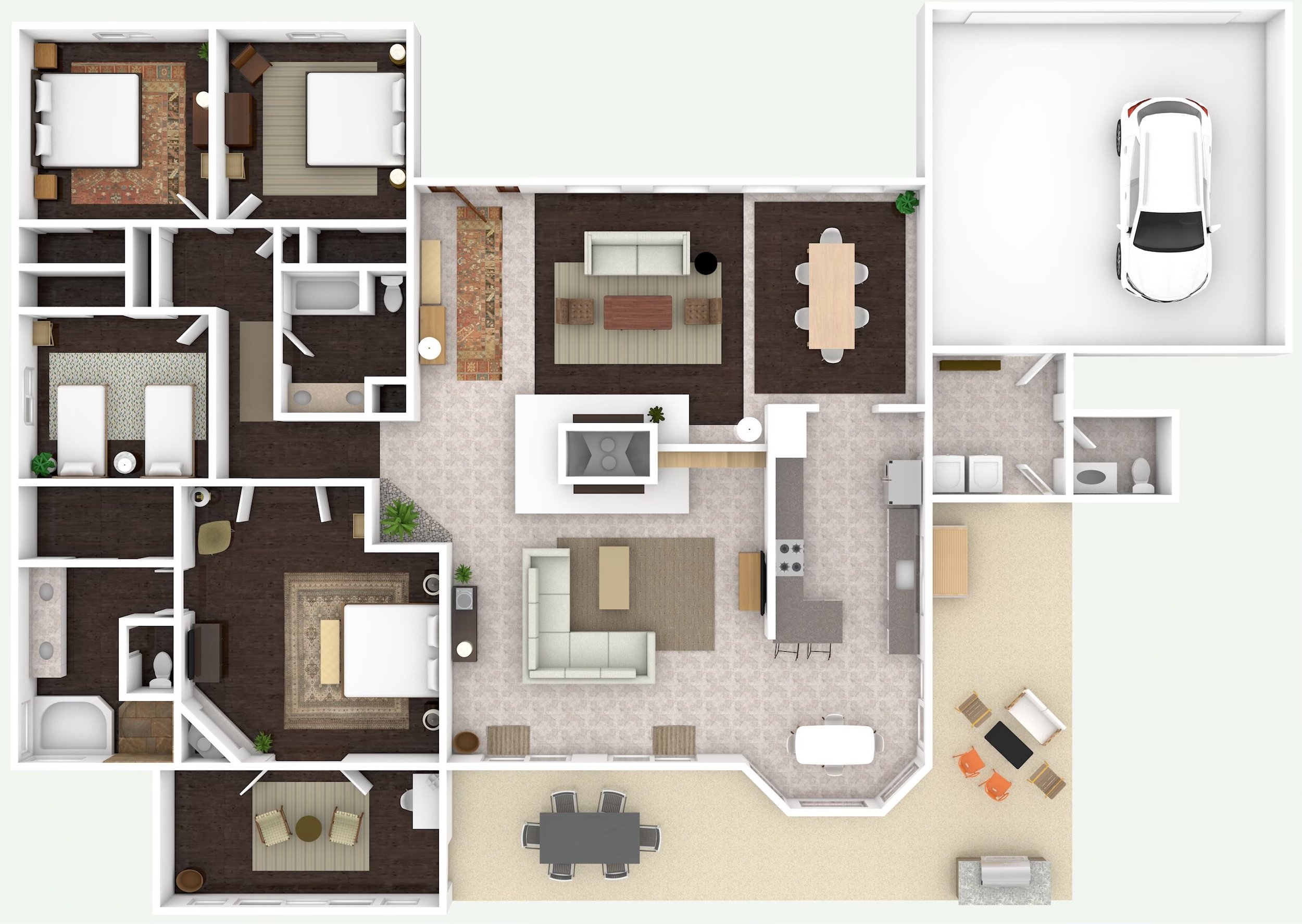 Overhead floor plan rendering showing the layout of the home with four bedrooms, two and a half bathrooms, a two-car garage, kitchen, dining room, living room, and covered patio.