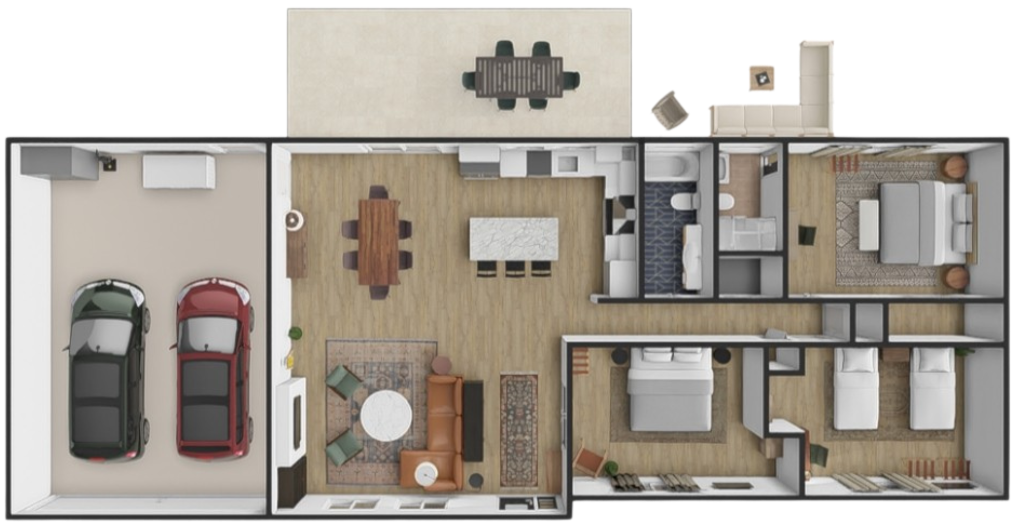 Overhead floor plan rendering of The Copper Burro showing the open-concept layout, two-car garage, three bedrooms, two bathrooms, and backyard patio.