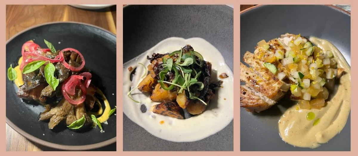 Three restaurant dishes shown side by side, including meat with pickled onions, roasted vegetables over creamy sauce, and grilled fish topped with diced vegetables.