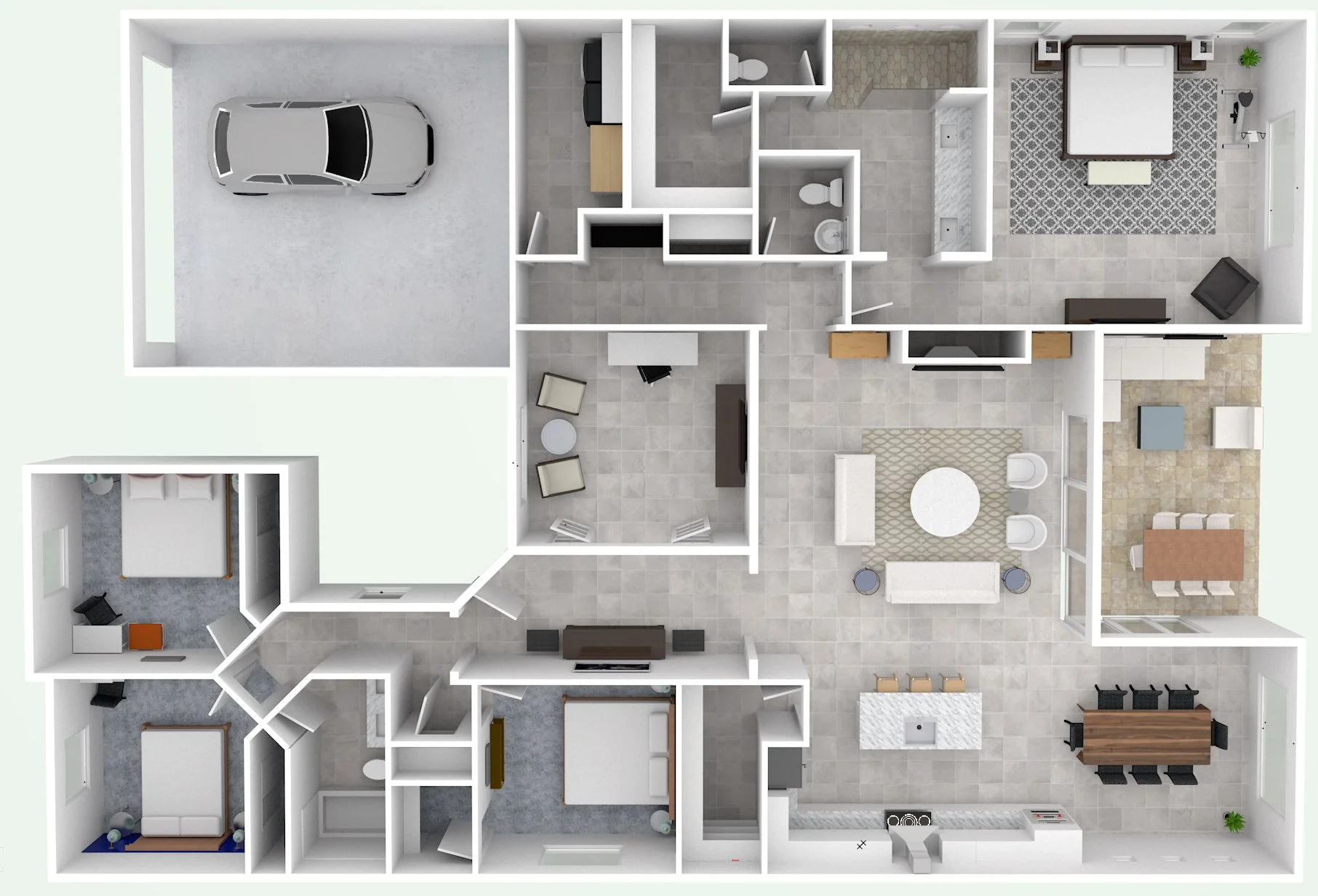 Overhead floor plan rendering showing a four-bedroom home with an attached two-car garage, open kitchen, dining, and living area, dedicated office, covered patio, dining room, and split-bedroom layout with multiple bathrooms.