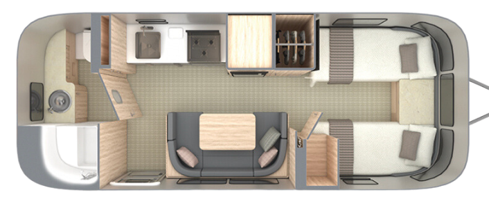 Overhead floor plan rendering of the Airstream showing the kitchen, dinette, bathroom, and sleeping area with two xl twin beds.