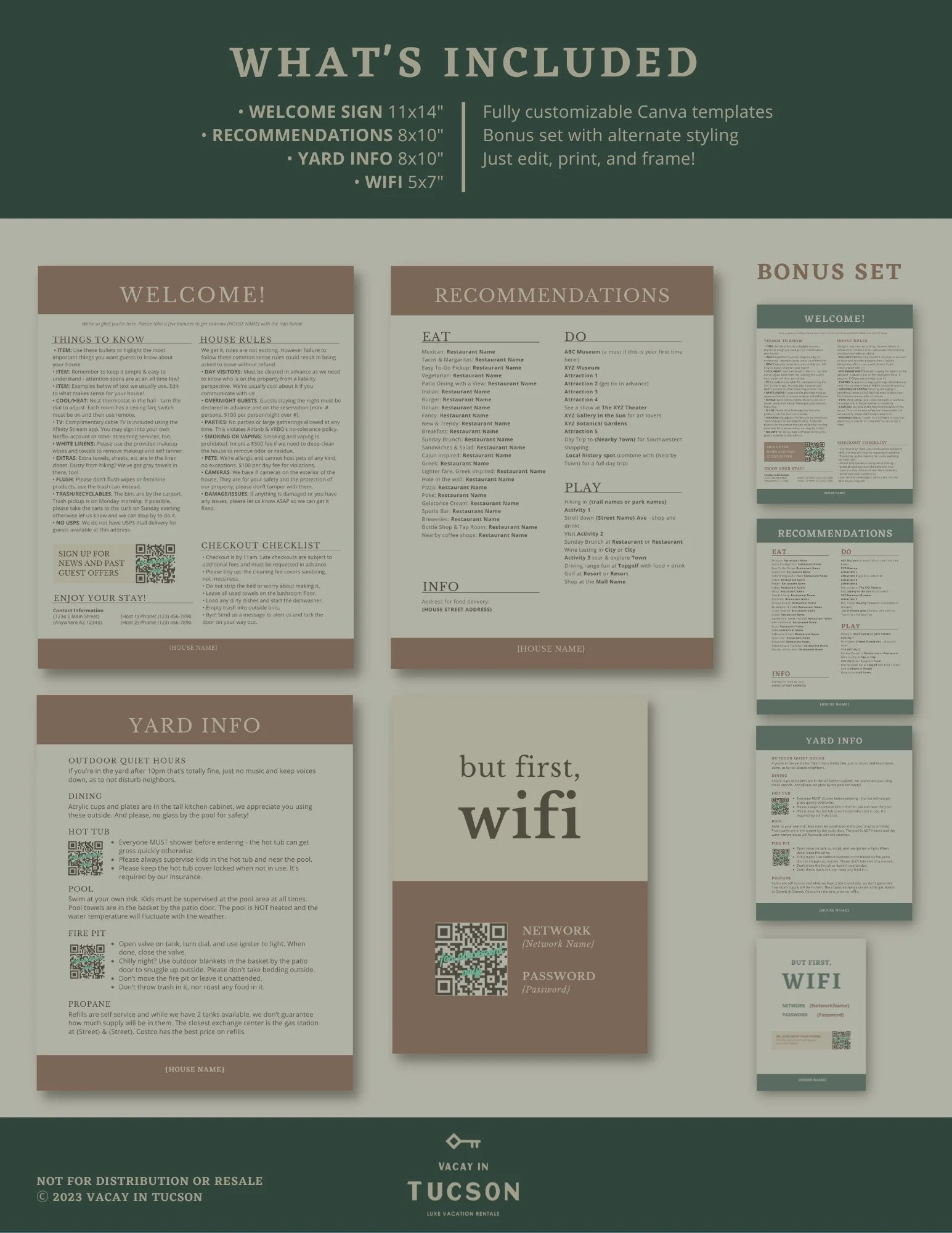 Preview of printable vacation rental guidebook templates, including welcome pages, recommendations, Wi-Fi cards, and house information sheets.