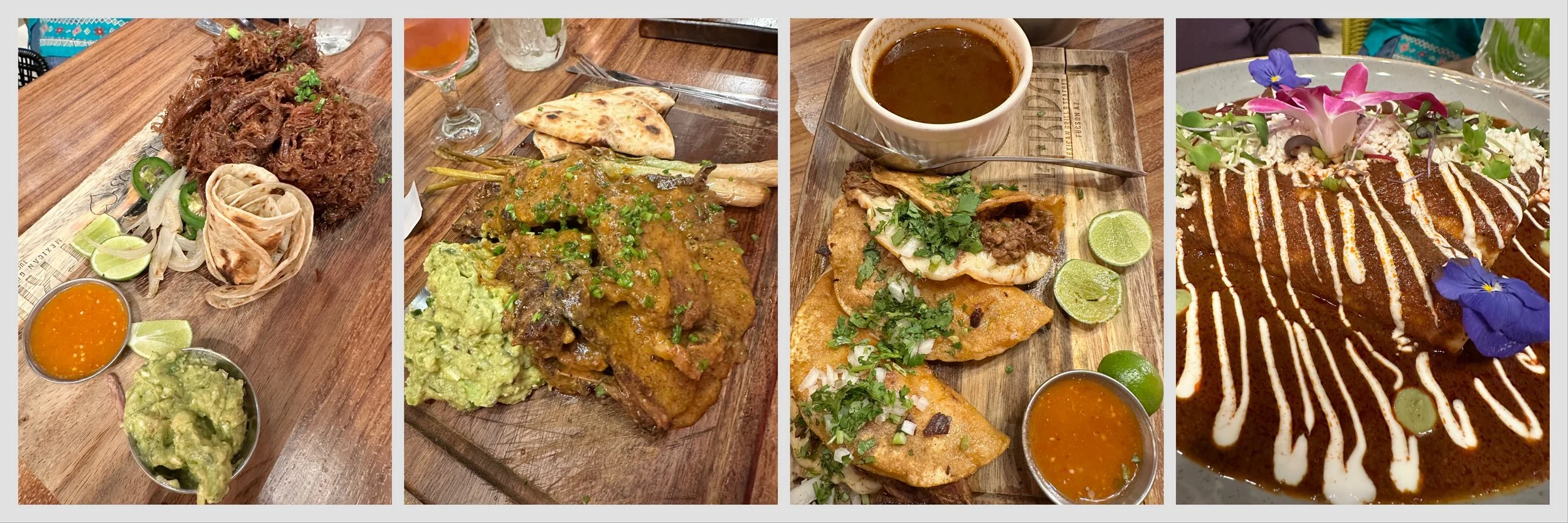 Four Mexican dishes at La Frida, including shredded meat with guacamole, sauced meat with tortillas, tacos with consommé, and an entrée covered in dark sauce.