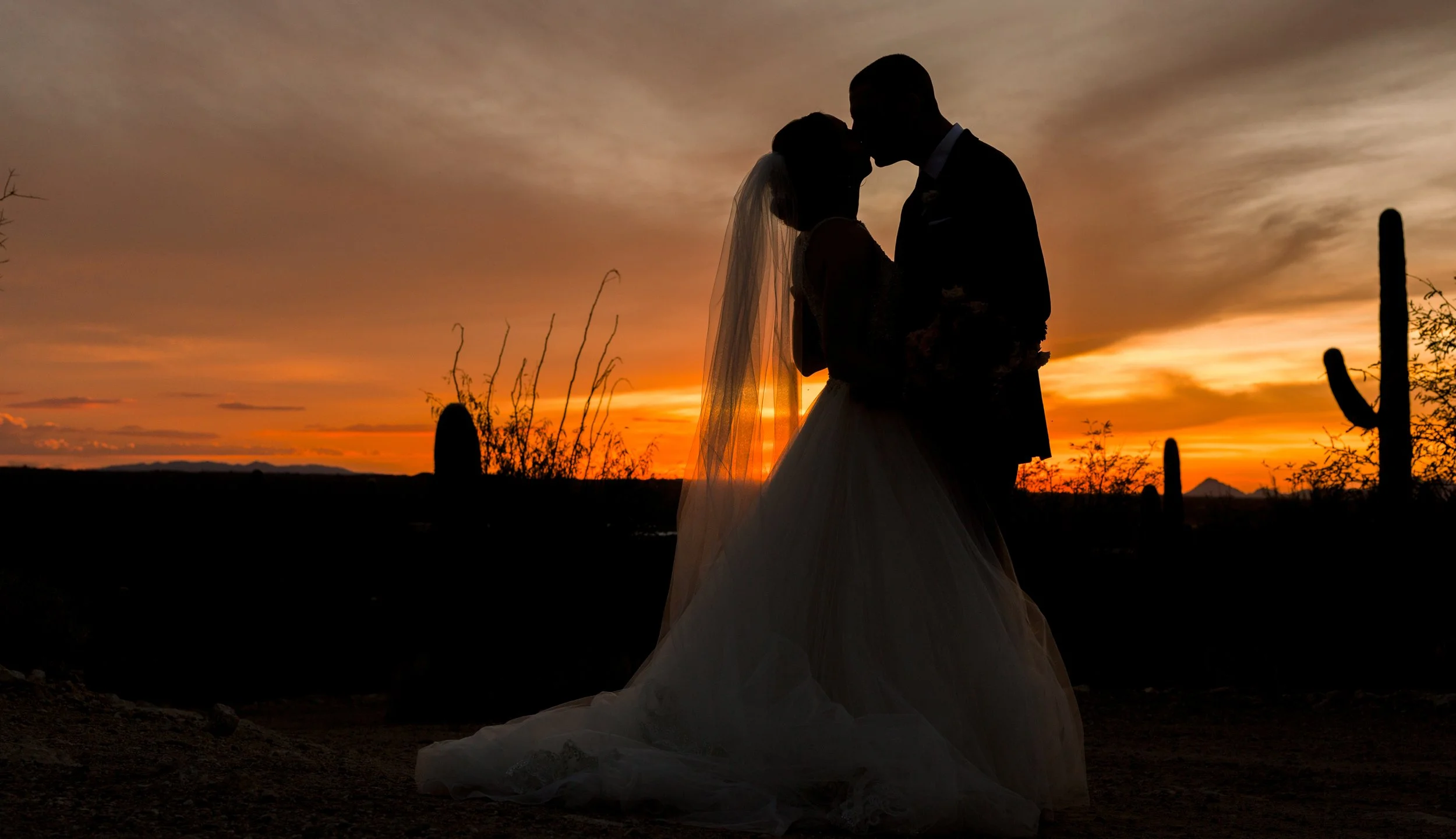 Silhouetted bride and groom kiss against a vivid orange sunset, with the bride’s long veil glowing in the backlight and saguaros rising around them.