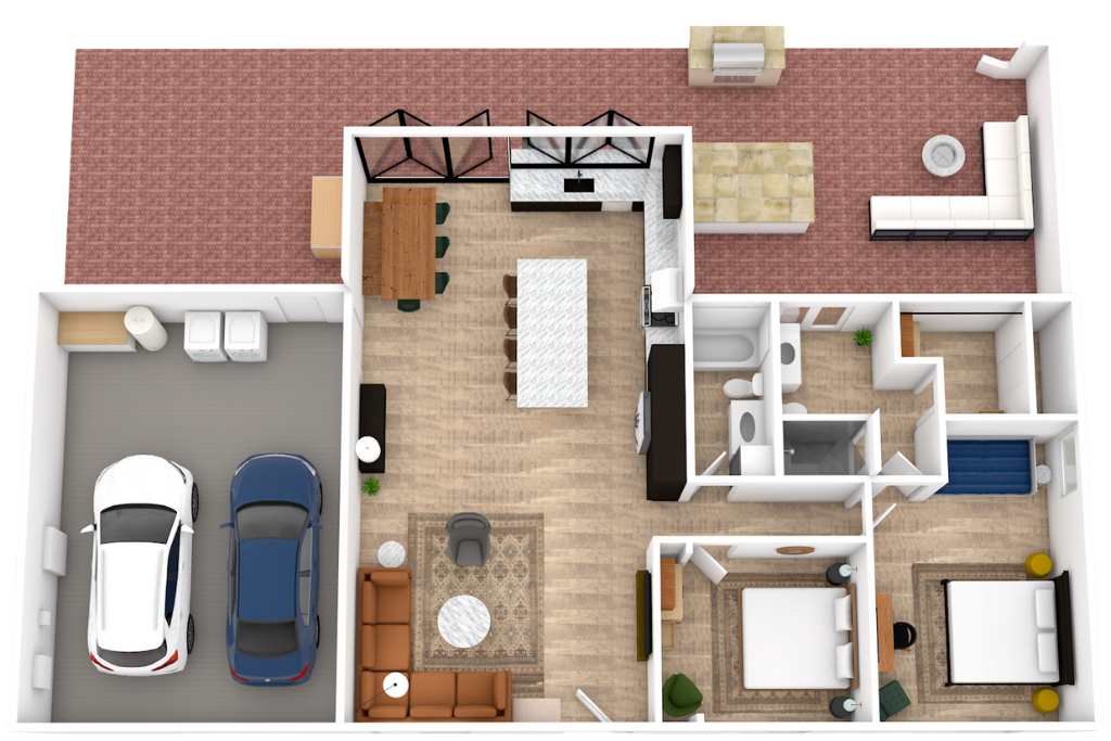 Overhead floor plan rendering showing the layout of Ocotillo Heights with two bedrooms, two bathrooms, a two-car garage, kitchen, dining area, living room, and outdoor patio.