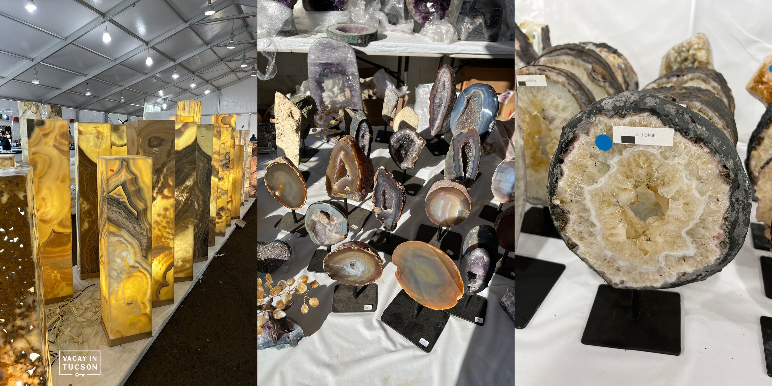 Three-photo collage showing tall polished stone slabs, colorful geode slices displayed on stands, and a large pale crystal-lined geode.