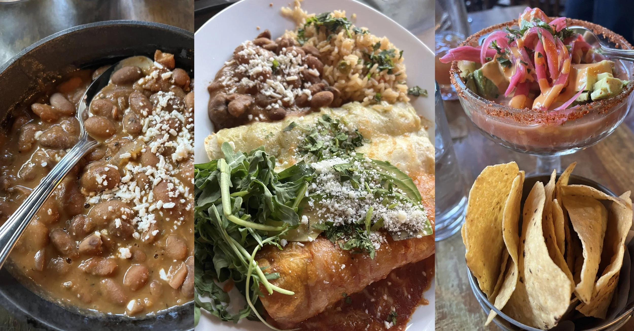 Three-panel food collage showing a bowl of beans topped with cheese, a plated burrito with rice, beans, greens, and avocado, and a colorful appetizer served with tortilla chips.