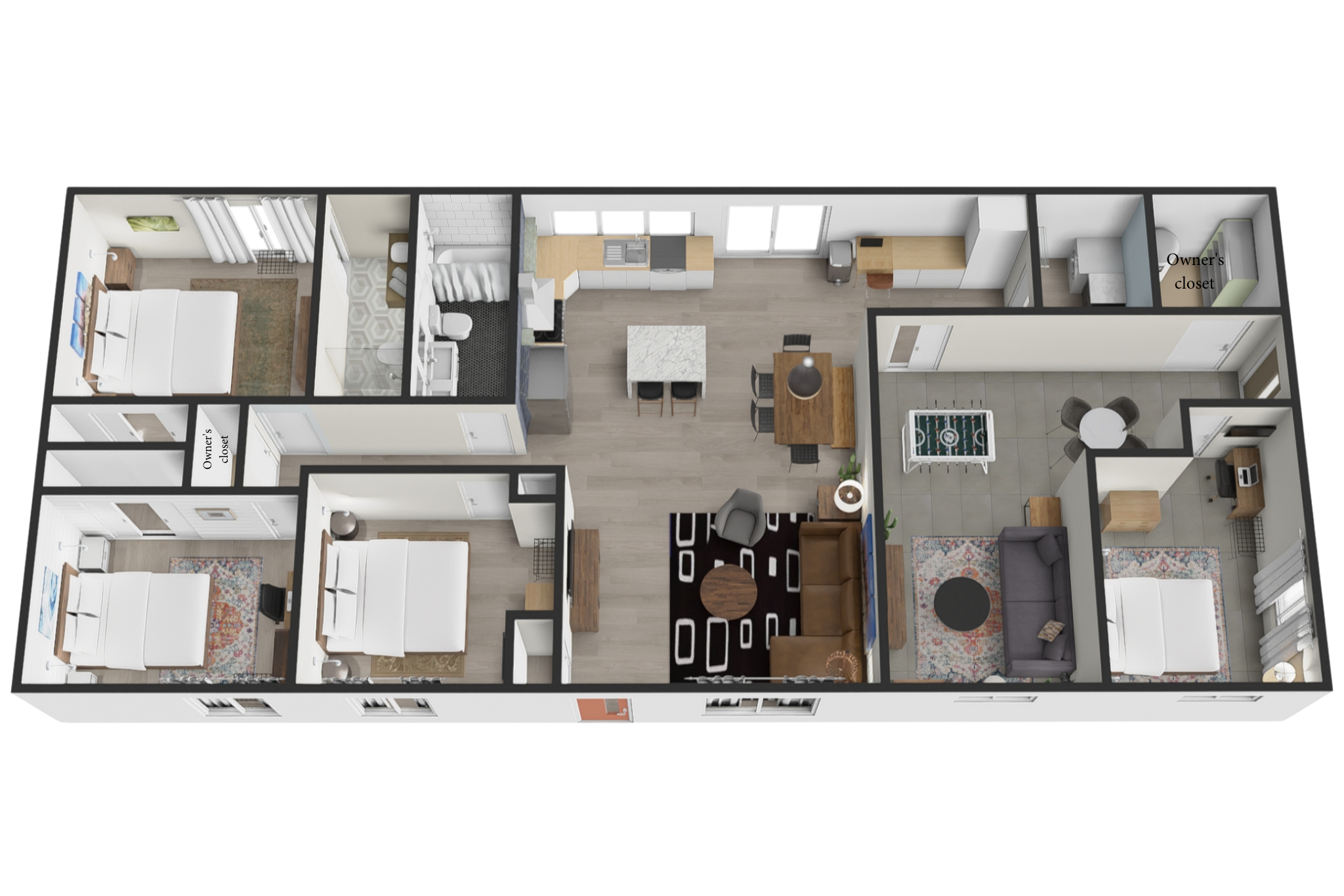 Overhead floor plan rendering showing an open living and kitchen area, four bedrooms, two bathrooms, a game room, and a laundry room.
