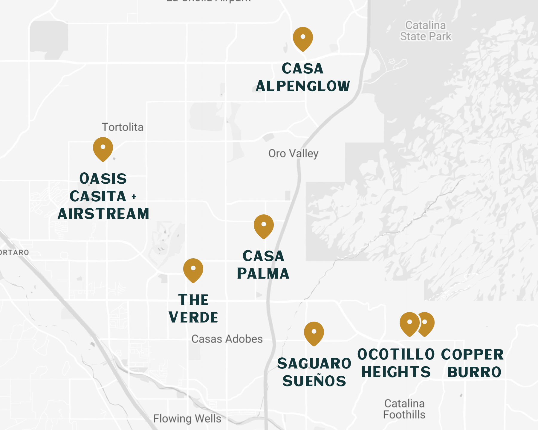 Map showing the locations of vacation homes Casa Alpenglow, Casa Palma, The Verde, Saguaro Sueños, and the Oasis Casita and Airstream across Oro Valley and northwest Tucson.