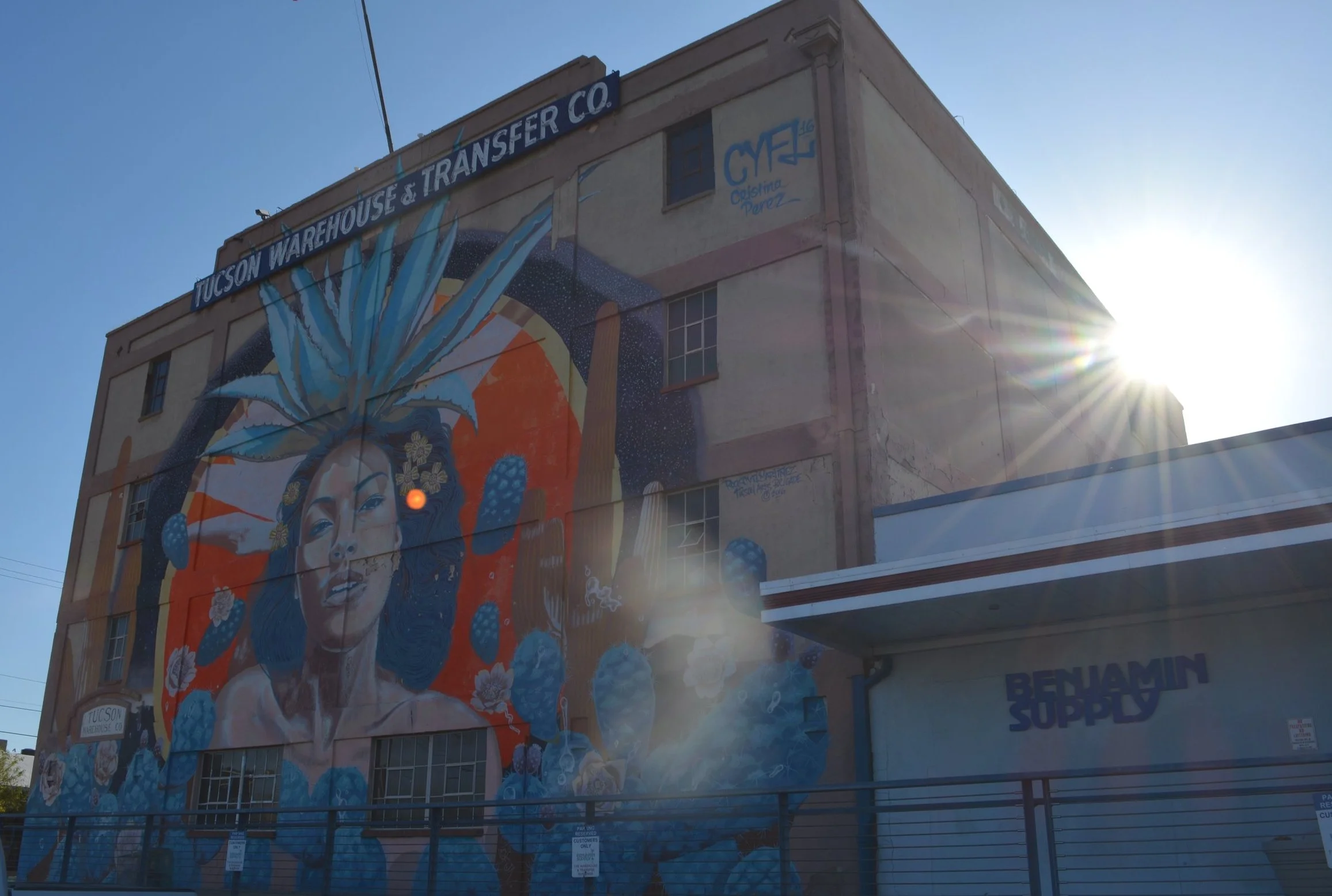 Large mural covering a multi-story building, featuring a woman framed by towering blue agave leaves, cactus forms, and a glowing orange circle.