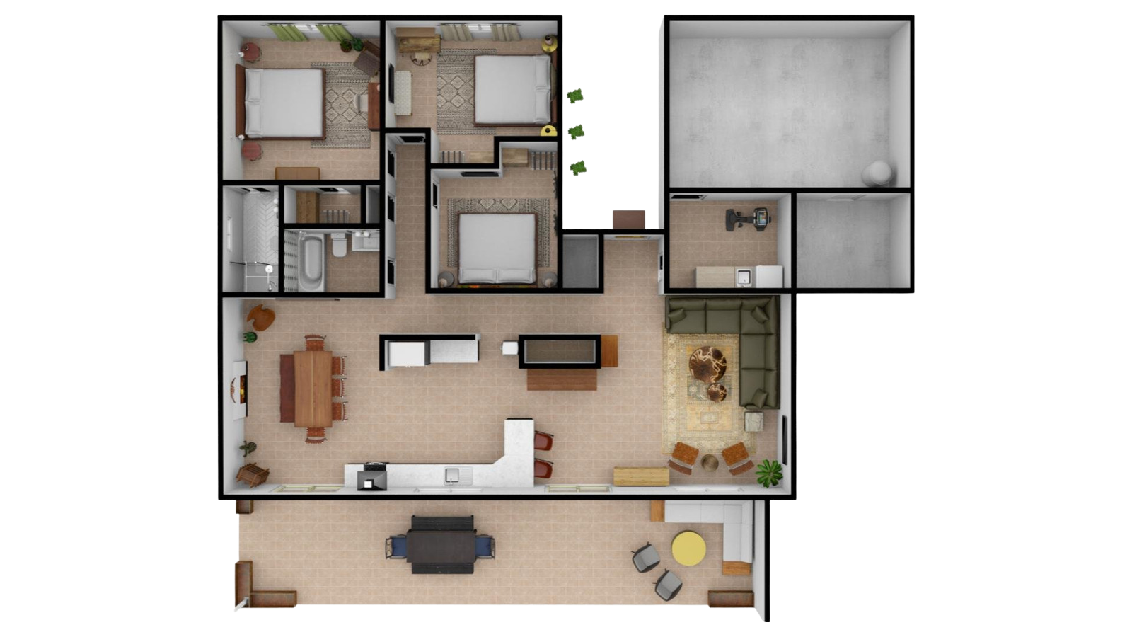 Overhead floor plan rendering showing the open concept layout of the home with three bedrooms, two bathrooms, a kitchen, dining area, living room, covered patio, and attached garage.