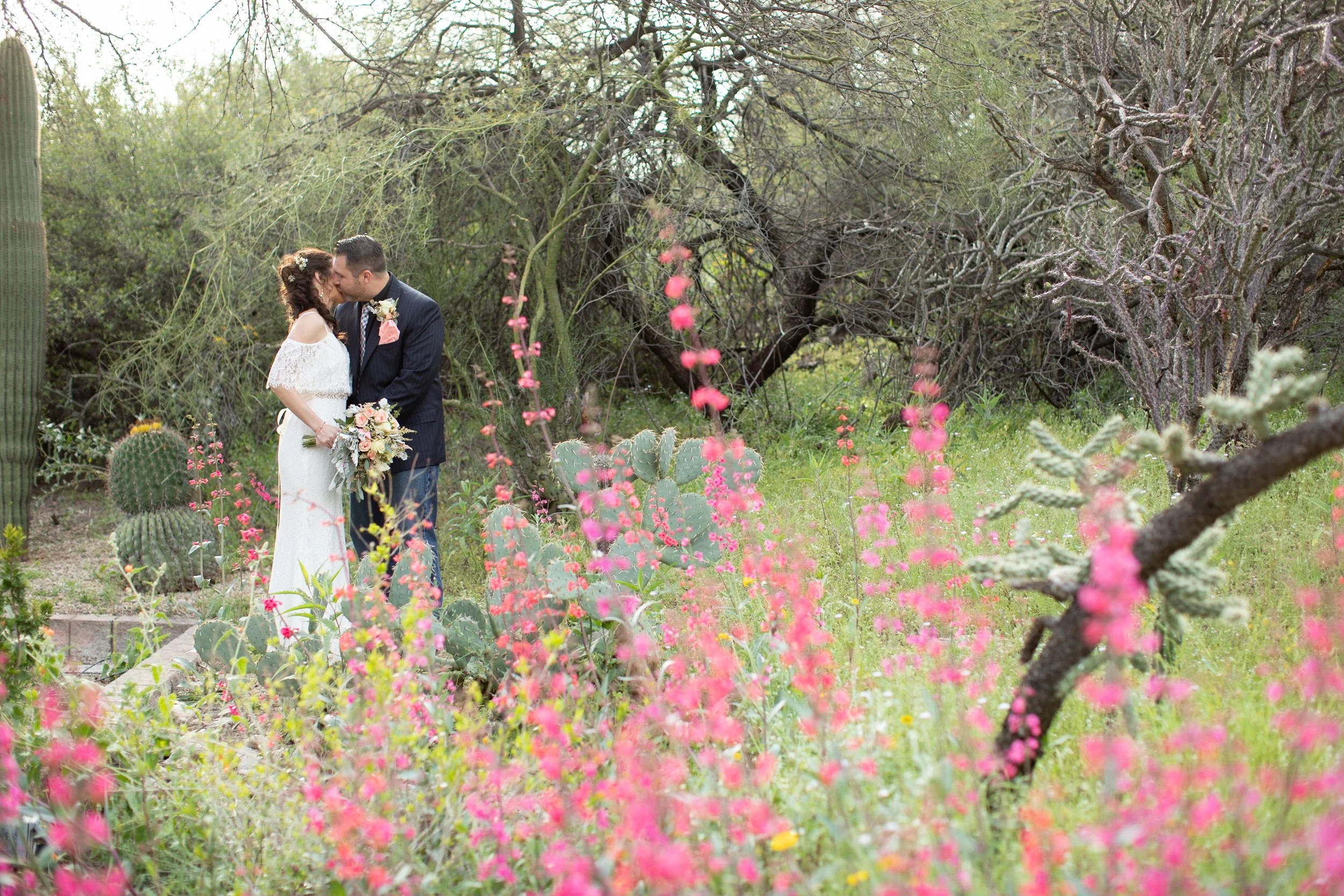 Bride holding a bouquet and groom in a dark suit kiss among cactus, desert trees, and tall pink wildflowers.