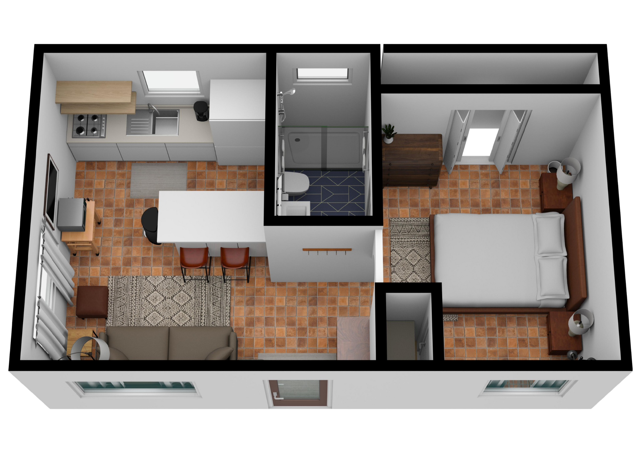 Overhead floor plan rendering showing a one-bedroom guest house with an open kitchen and living area, full bathroom, queen bedroom, and front entry.