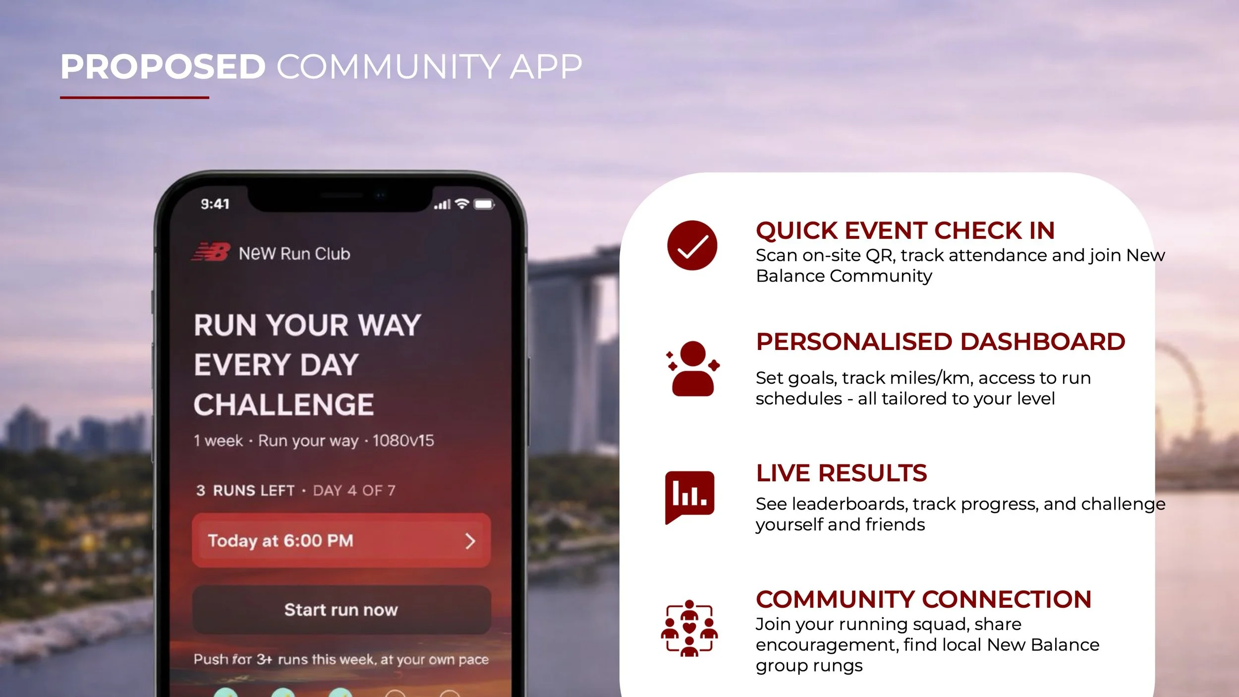 A dedicated New Balance community app enhances the physical experience through QR-based check-ins, personalised dashboards, live progress tracking, and community connection features. The platform extends engagement beyond the event, enabling future r
