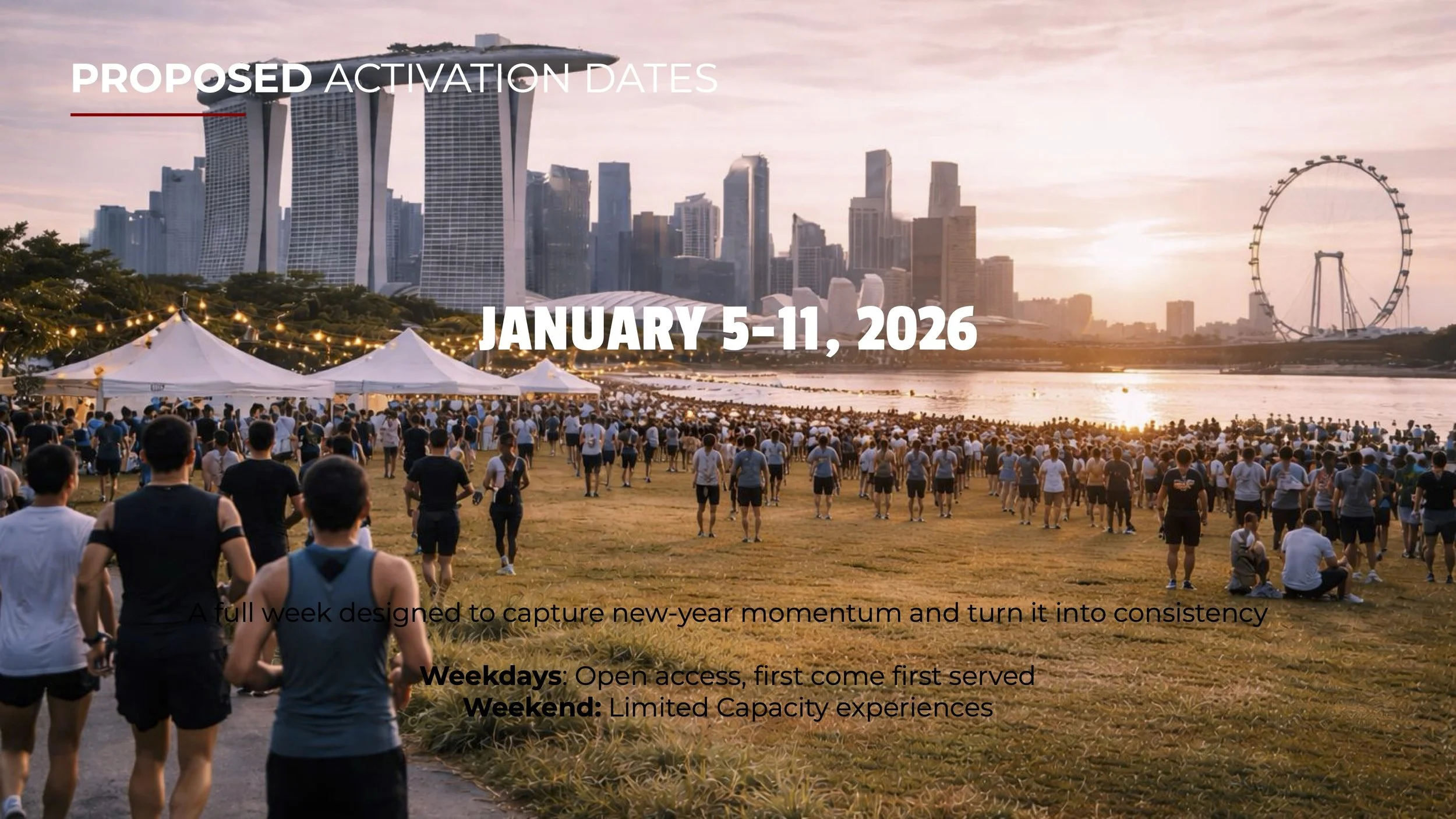 The activation is proposed for January 5–11, 2026, capturing New Year momentum while remaining accessible to working professionals. Weekdays operate on open, first-come access, while weekends introduce limited-capacity experiences to manage demand an