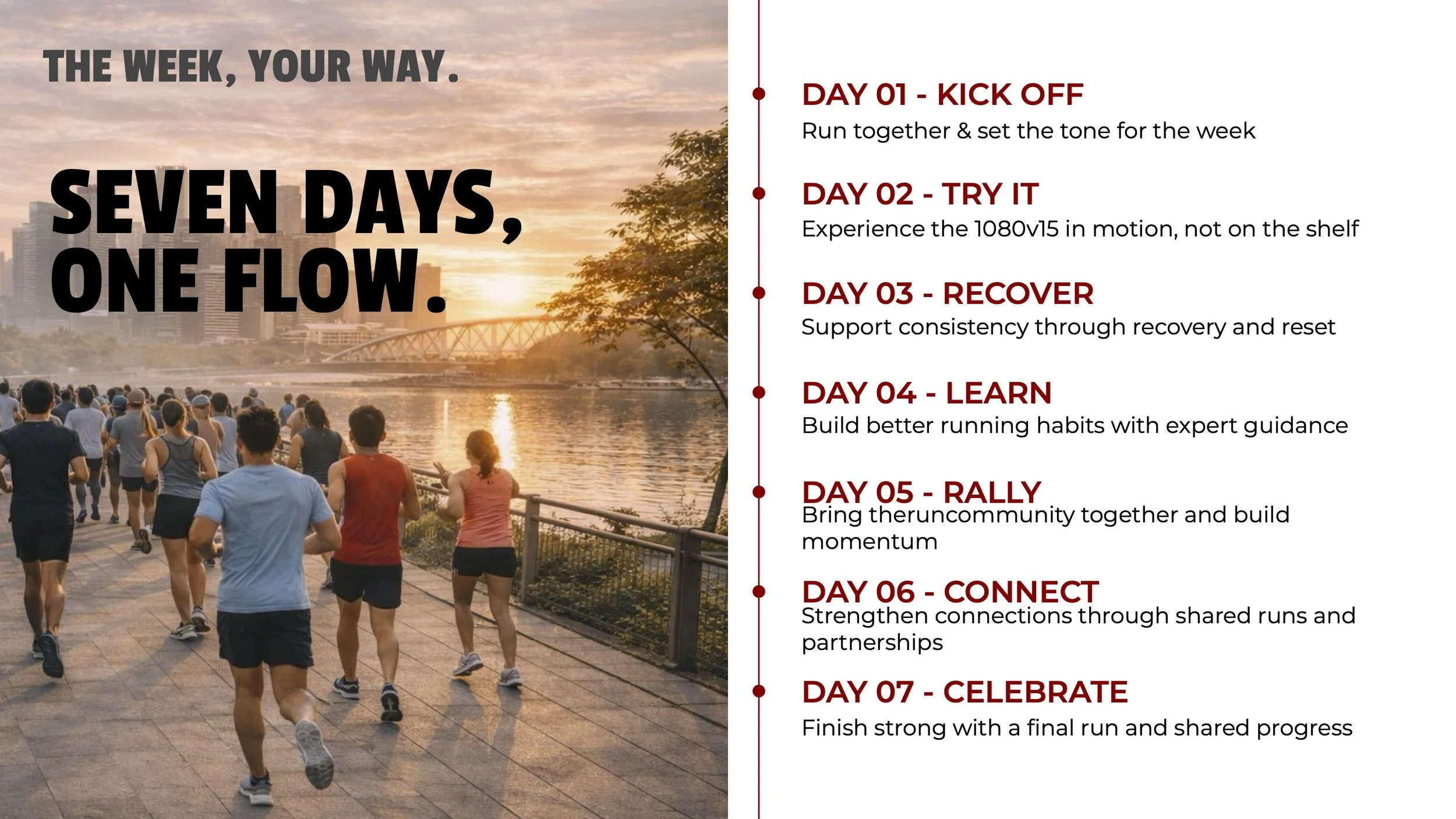Rather than a rigid timetable, the week flows as a progressive journey, starting with community energy, moving through trial, recovery, learning, and connection, and ending with celebration. Each day builds on the last, reinforcing consistency while 