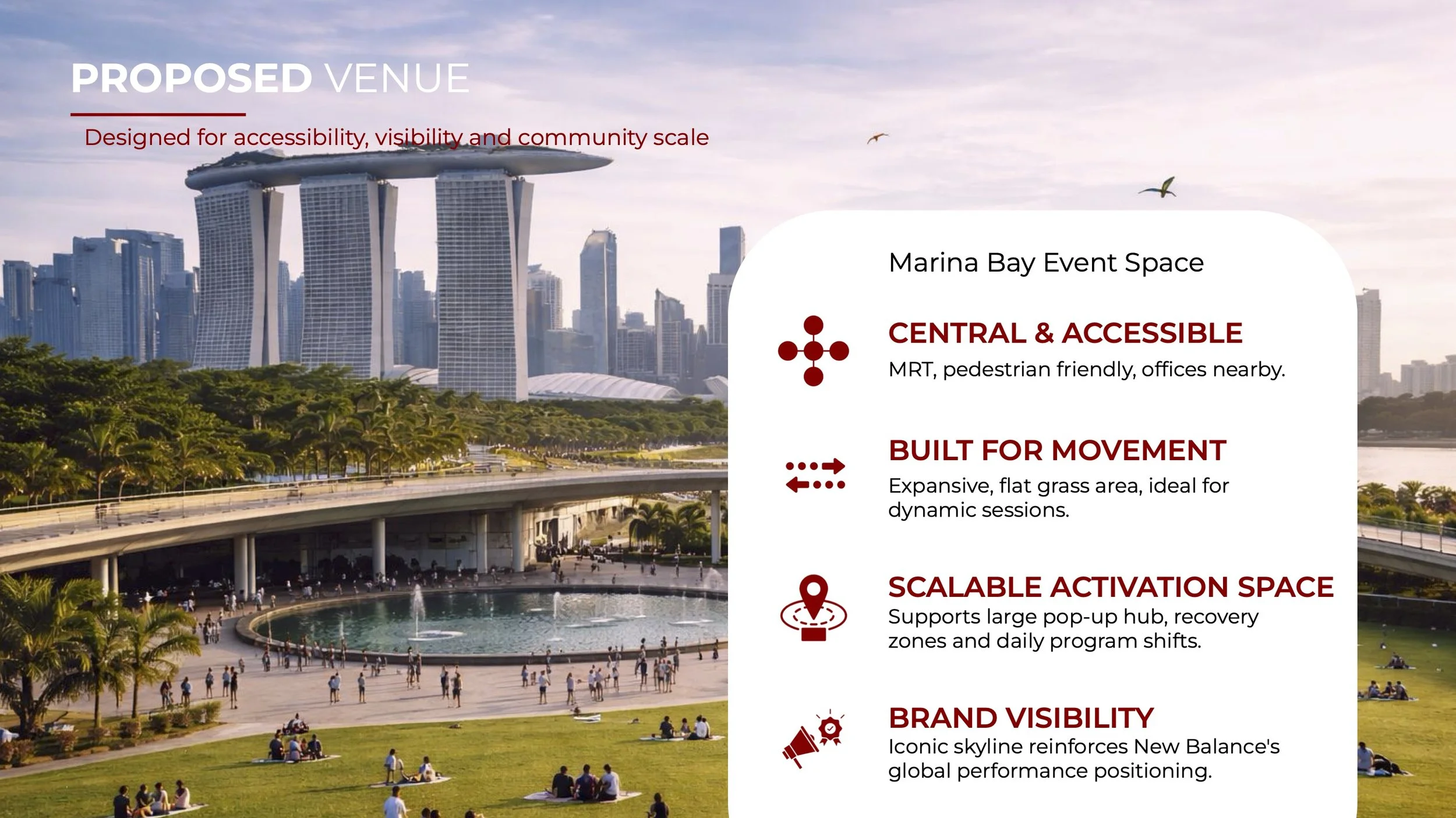 Marina Bay Event Space is selected for its accessibility, visibility, and scale. The expansive, flat grounds support large-scale pop-ups, recovery zones, and dynamic programming, while the iconic skyline reinforces New Balance’s global yet community-
