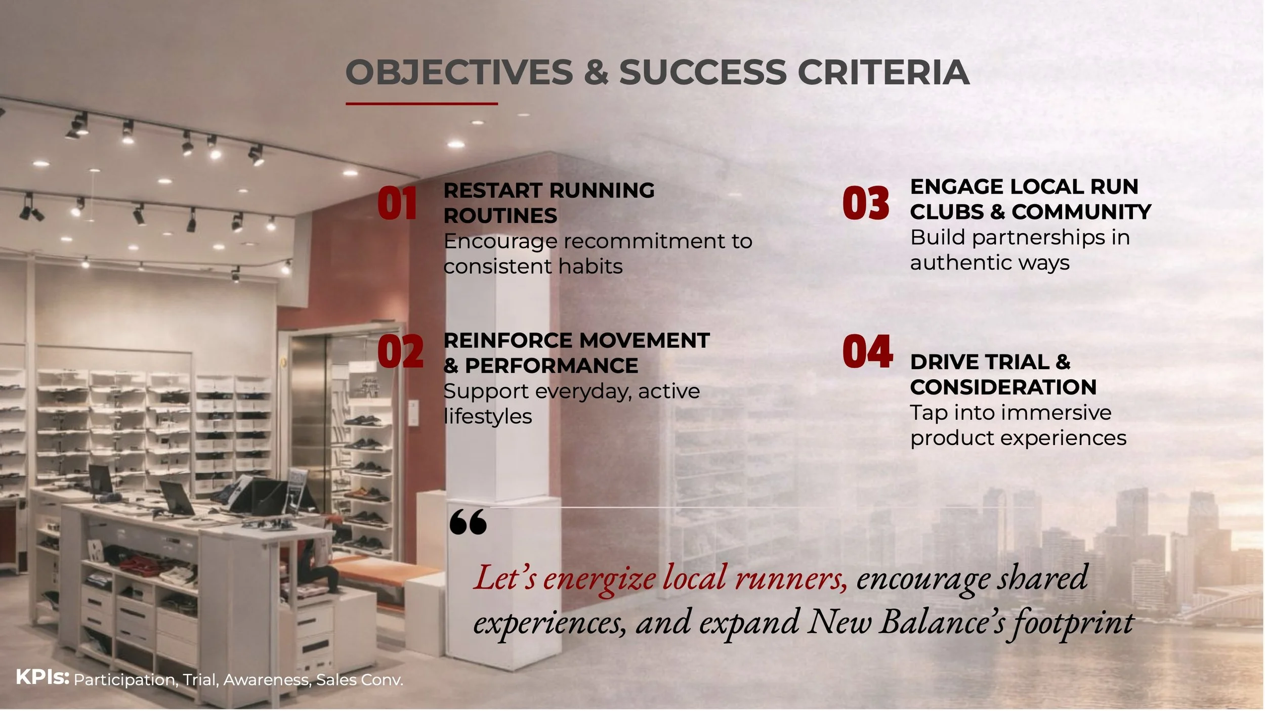 The activation is designed to restart running routines, reinforce movement and performance in daily life, engage local run clubs and communities, and drive product trial and consideration. Success is measured through participation, trial, awareness, 