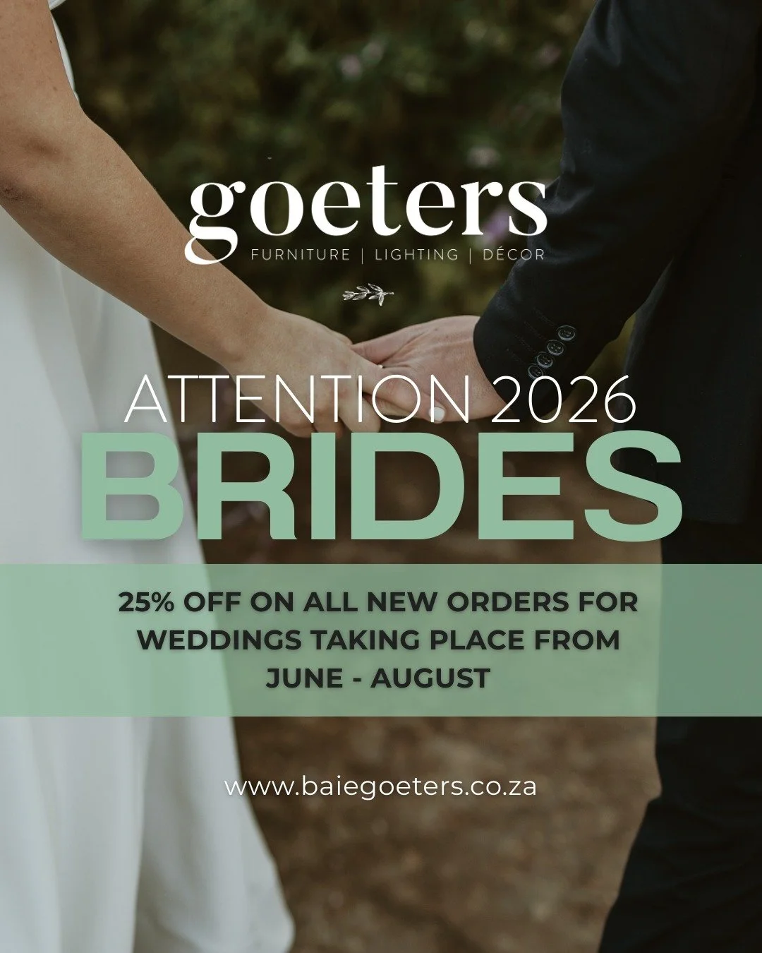 Winter brides, this one is for you 🤍

Book your wedding goodies for June, July or August and get 25% OFF EVERYTHING - d&eacute;cor, lighting, the whole lot. 

Browse your favourites on our website, pick your items and place an order. 

PLEASE NOTE: 