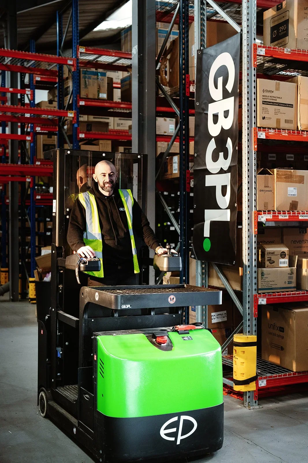 A cherry picker at GB3PL, warehouse, in Norwich