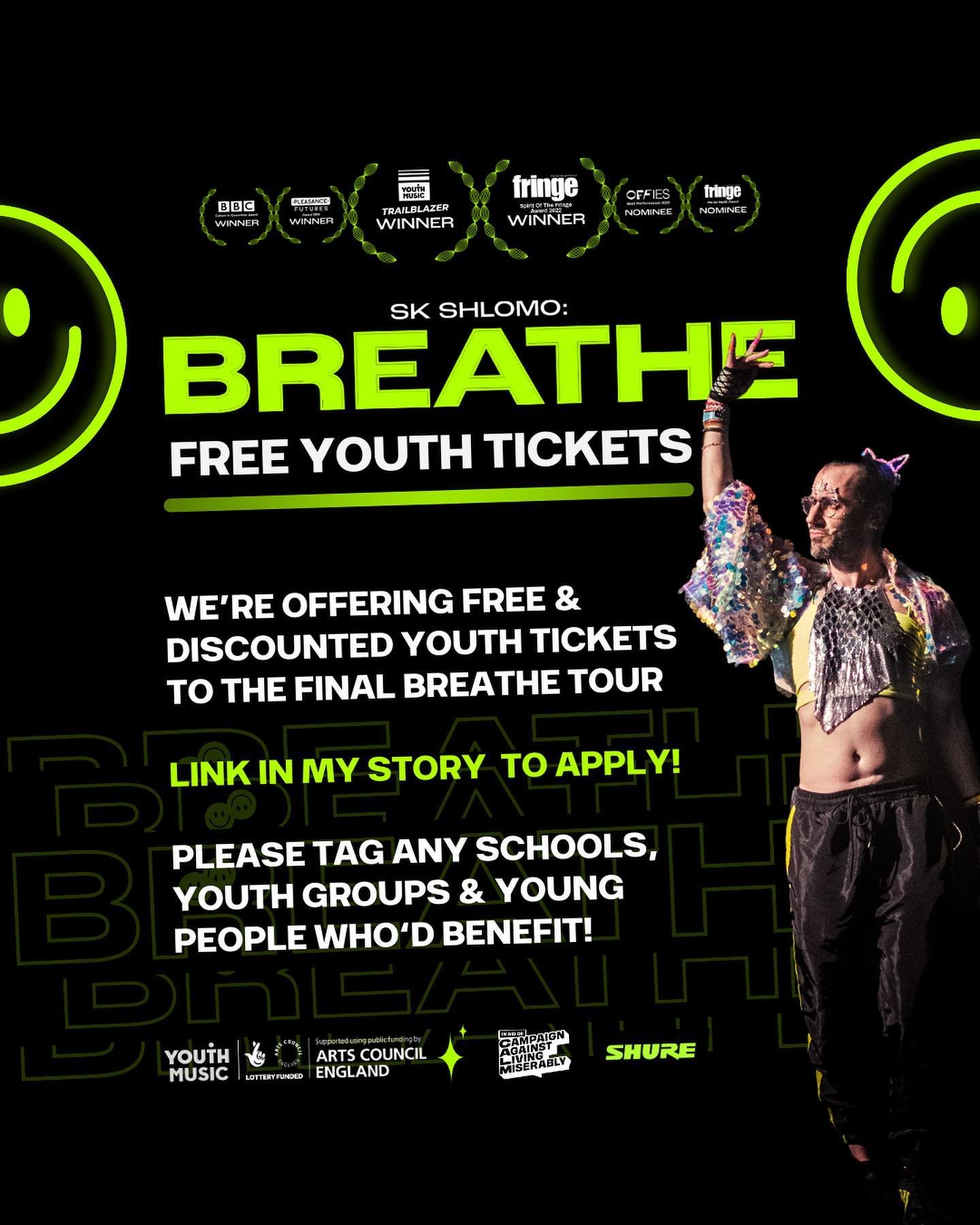 ✨ Know any schools, youth groups or young people who&rsquo;d benefit from FREE THEATRE TICKETS?

🎭&nbsp;Thanks to Youth Music&rsquo;s Trailblazer Award, we&rsquo;re able to offer free or discounted youth tickets for all shows on this FINAL TOUR of m